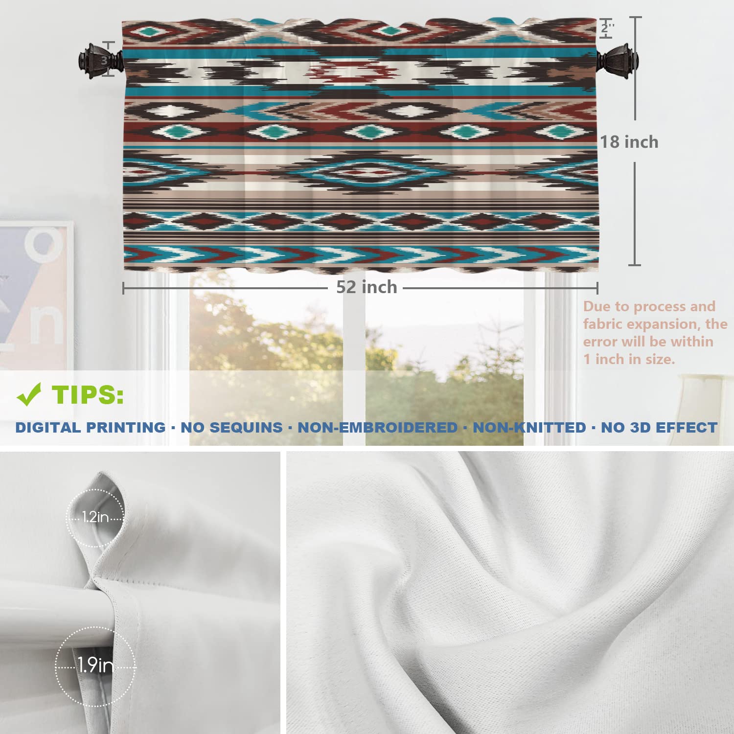 Shrahala Aztec Print Kitchen Valance - 52x18 Inch Native American Pattern Window Curtain in Pink & Green | Perfect for Southwestern Decor, Farmhouse Kitchens & Boho Home Styling