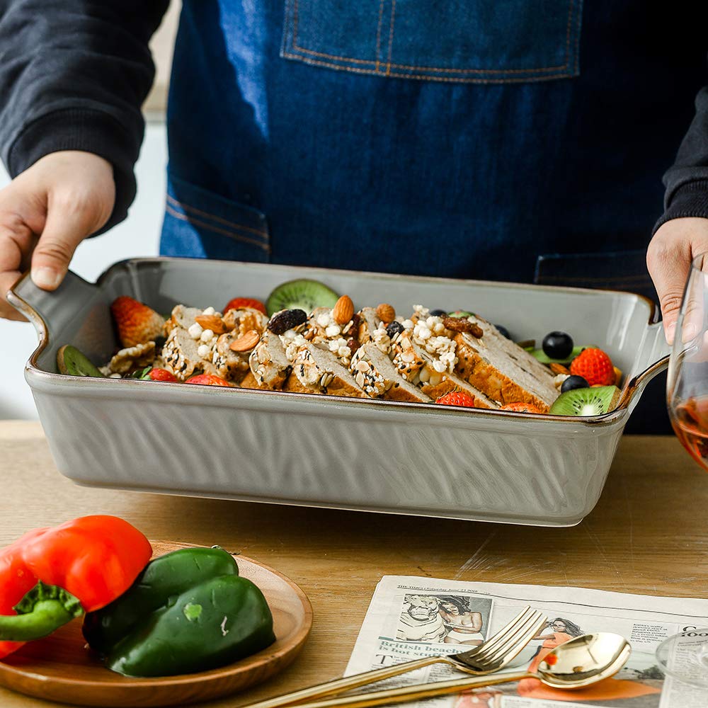 KOOV 9x13 Inch Deep Rectangular Ceramic Baking Dish - Lasagna Pan, Casserole Dish for Oven, Roasting & Tapas | Textured Gray Bakeware | Perfect for Family Dinners, Holiday Meals & Party Cooking