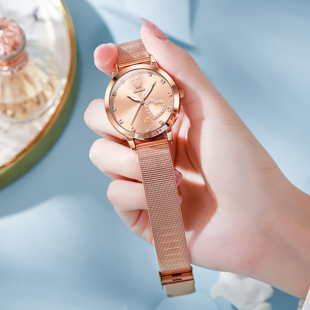 OLEVS Women's Rose Gold Minimalist Analog Quartz Watch with Bracelet Set - Slim Casual Dress Wristwatch, Waterproof Two-Tone for Ladies - Perfect for Everyday Wear, Office, and Special Occasions
