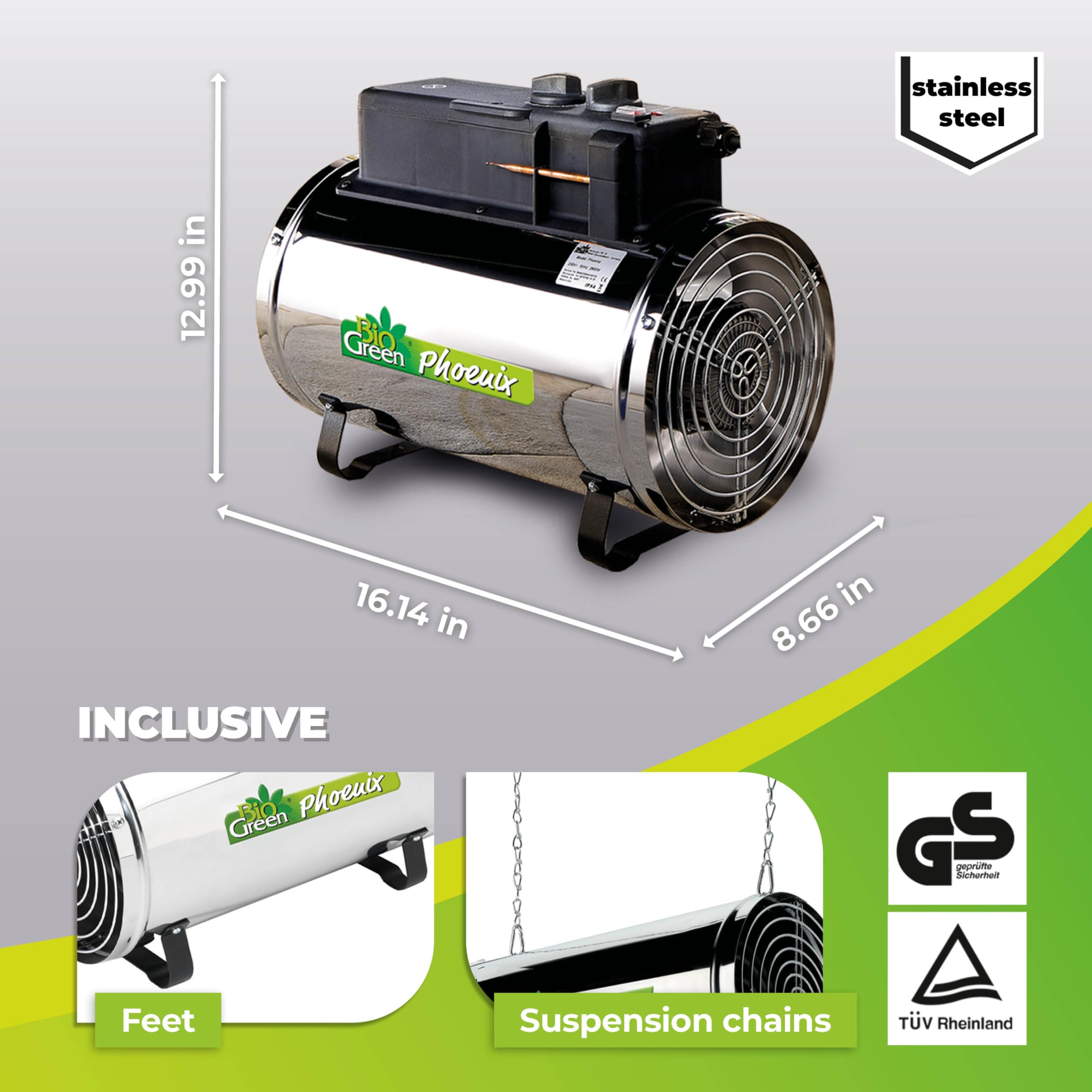 PHX 2.8/US Phoenix Greenhouse Heater 220-240V - 9553 BTU Stainless Steel Electric Heater for Greenhouse, Shed, Garage - Frost Detection & Energy Efficient - Perfect for Winter Plant Protection & Workspace Heating