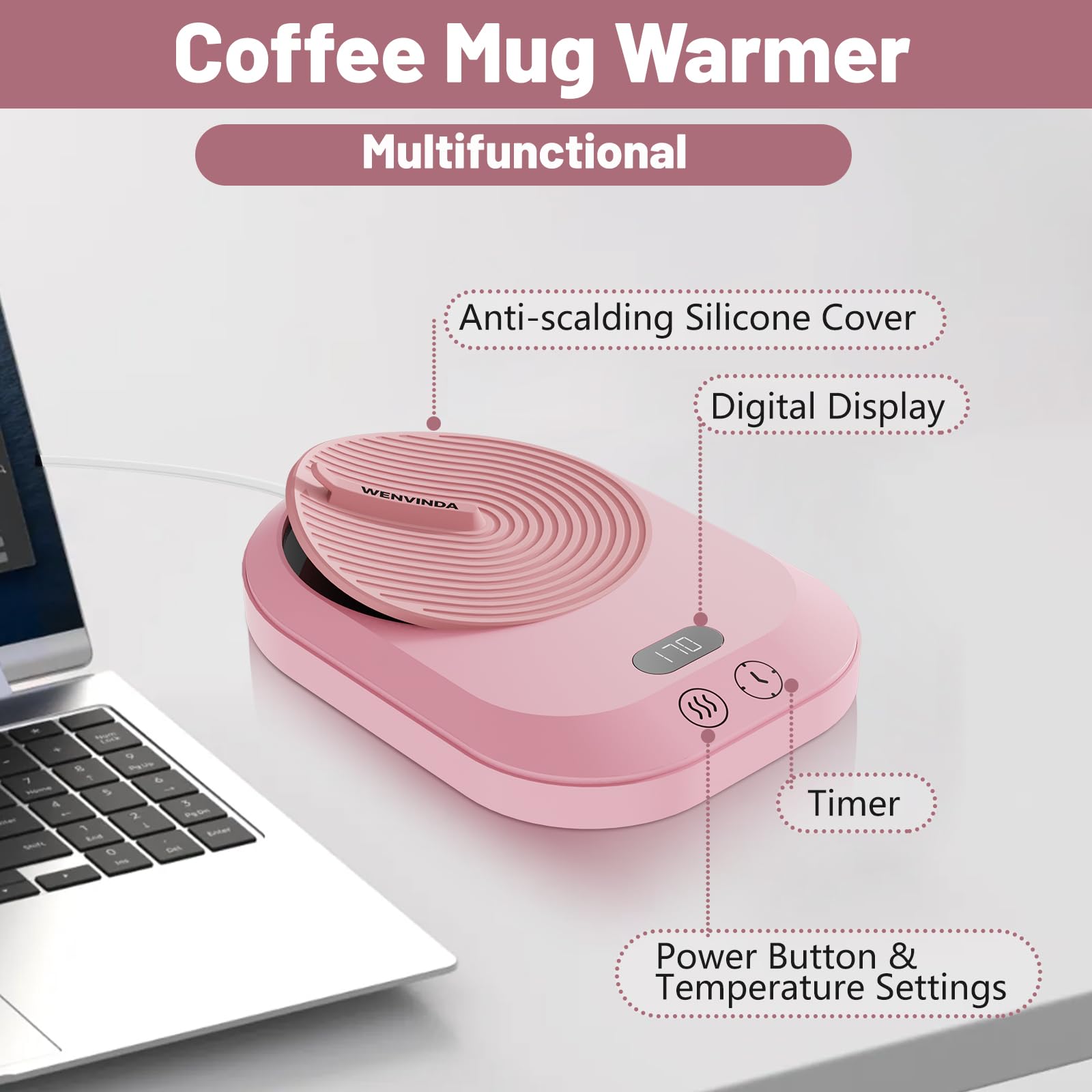 Electric Mug Warmer with 6 Auto Shut-Off Timers & 3 Heat Settings - Anti-Scald Silicone Coffee Cup Warmer for Office Desk - Portable USB Coffee Gift for Home, Office & Travel Use