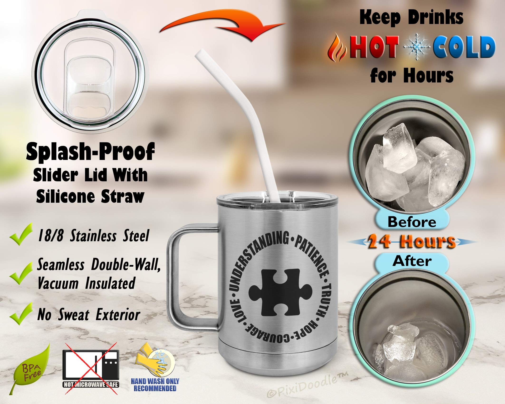 PixiDoodle Patience & Hope Autism Awareness Insulated Coffee Tumbler - 15oz Spill-Proof Travel Mug with Slider Lid & Silicone Straw (Silver) - Perfect for Hot/Cold Drinks at Home, Office or School