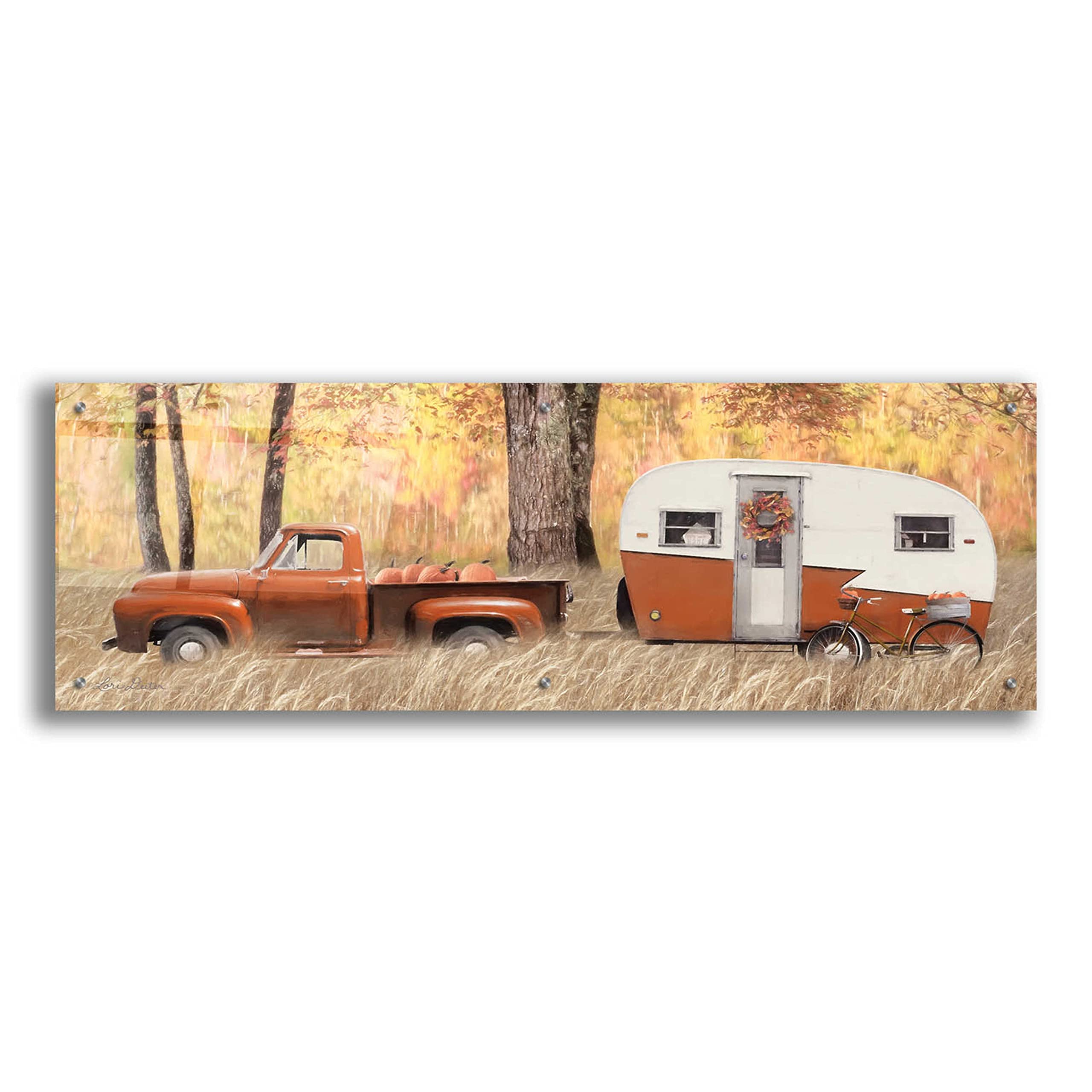 Epic Art 'Fall Camping with Bike' by Lori Deiter - 48x16 Inch Acrylic Glass Wall Art for Living Room, Bedroom & Office Decor - Vibrant Autumn Landscape Painting - Perfect Gift for Nature Lovers & Cycling Enthusiasts