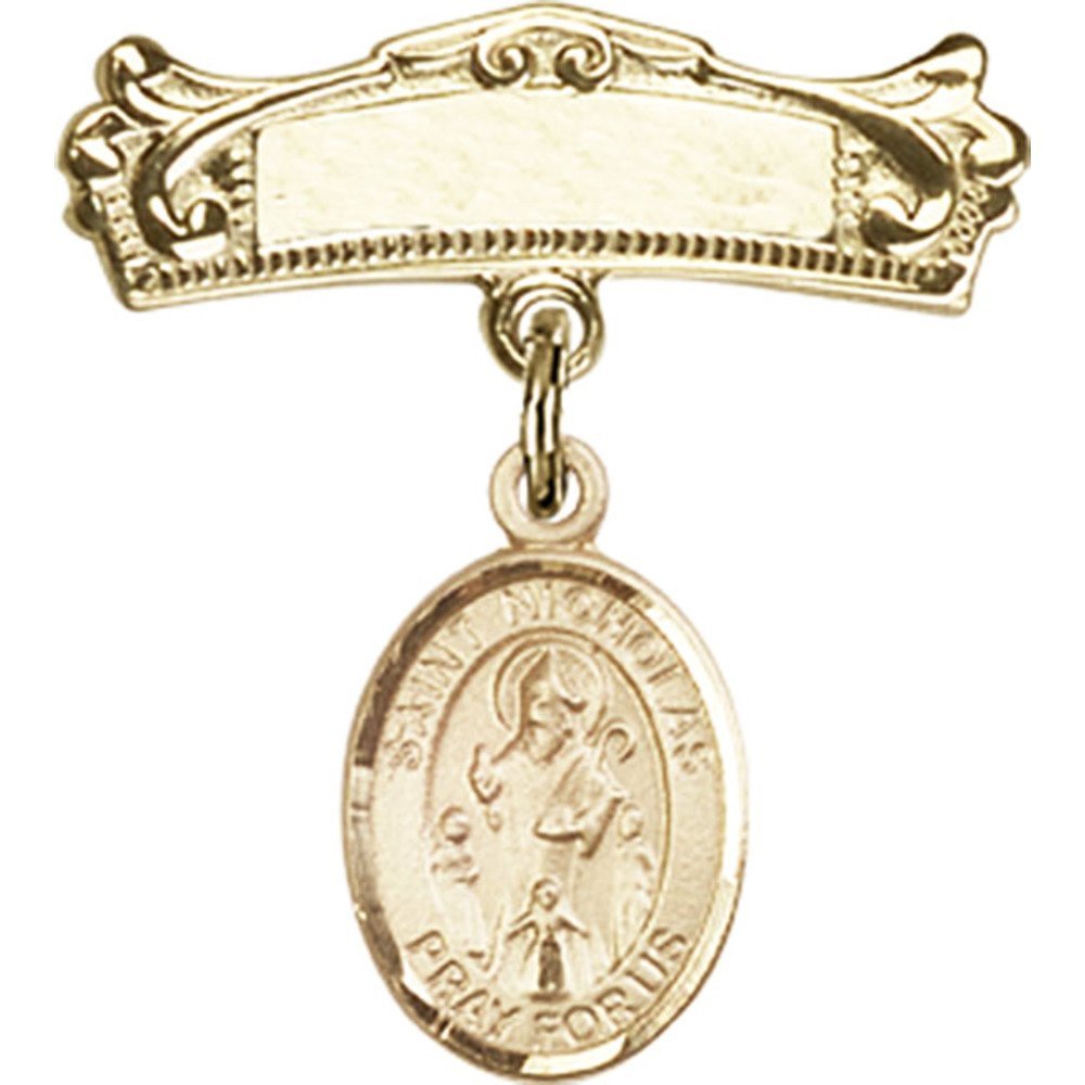 Gold Filled Baby Badge with St. Nicholas Charm - 7/8 X 3/4 Inch Arched Polished Pin for Christening, Baptism & First Communion Gifts
