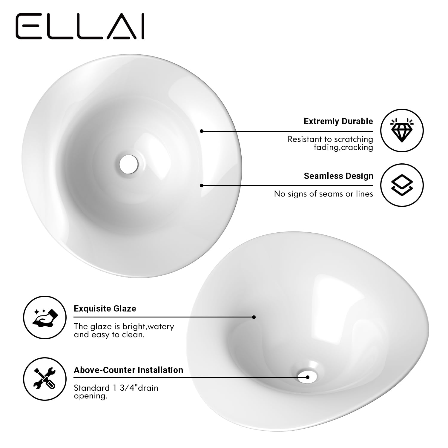 ELLAI Modern Ceramic Bathroom Vessel Sink - 20