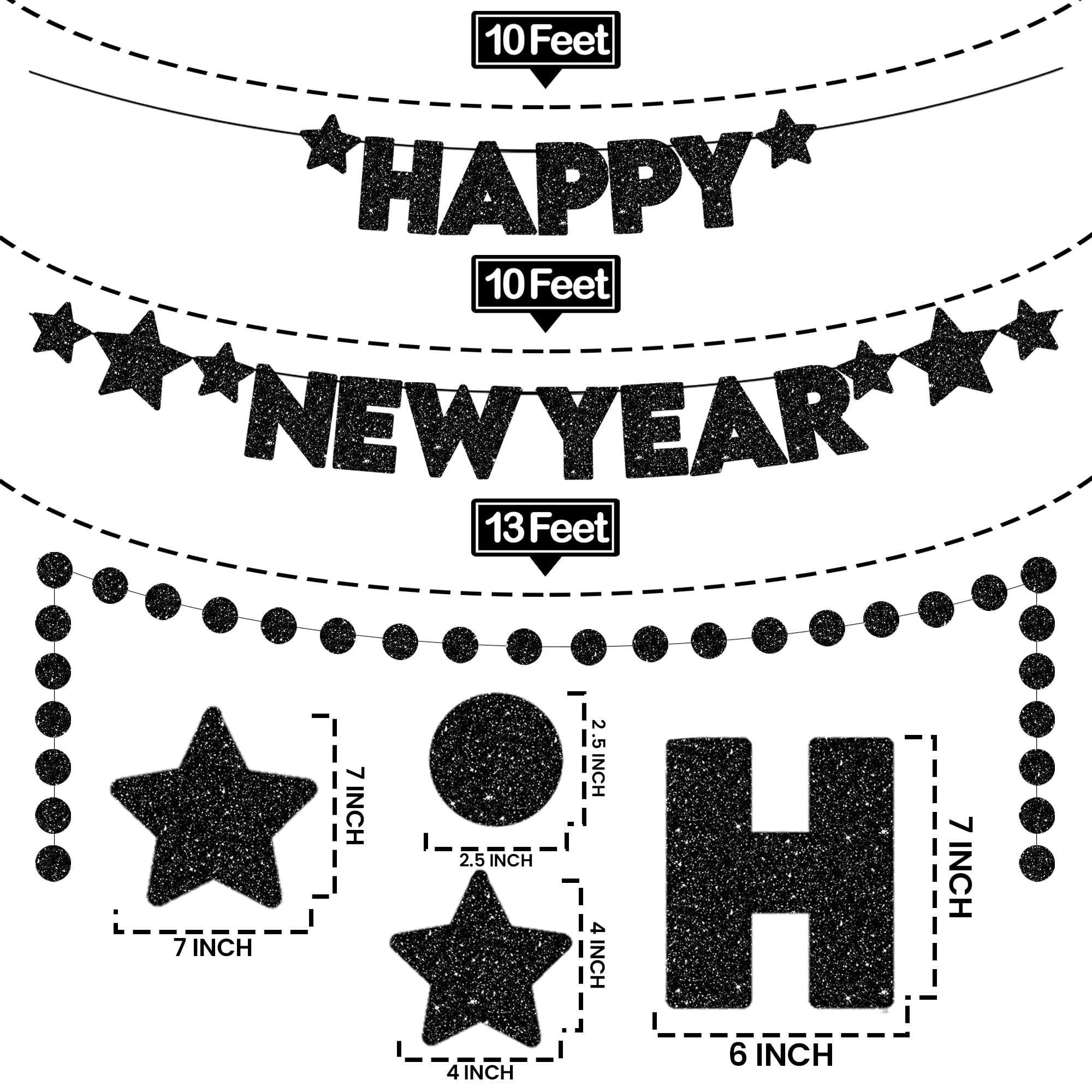 KatchOn 10ft Glitter Happy New Year Banner 2025 - Pre-Strung Black NYE Party Decor | New Year's Eve Sign, Garland & Celebration Supplies for Home, Office & Event Decorations