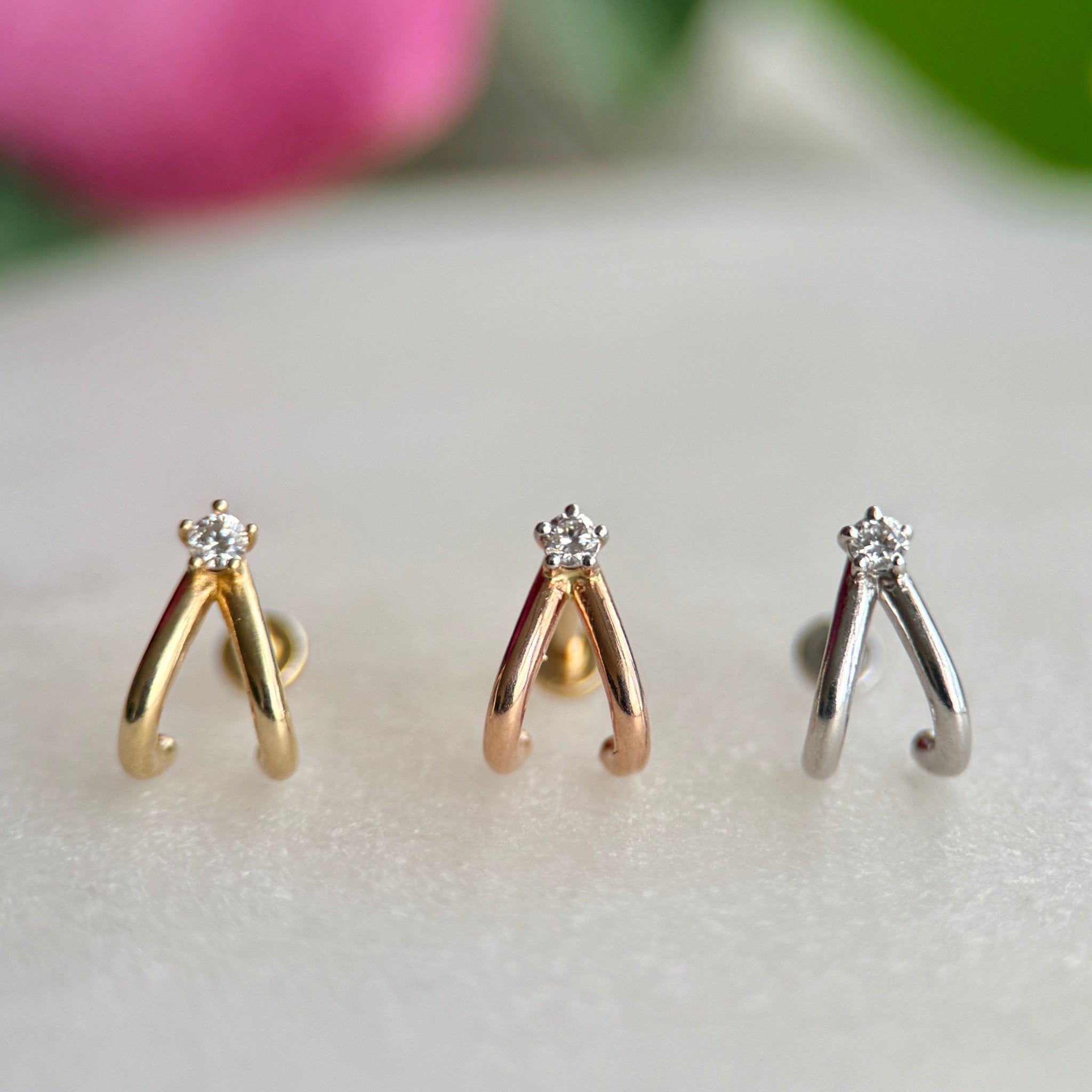 14K White Gold Diamond Double Suspender Flat Back Stud Earrings - Elegant & Durable for Weddings, Parties & Special Occasions