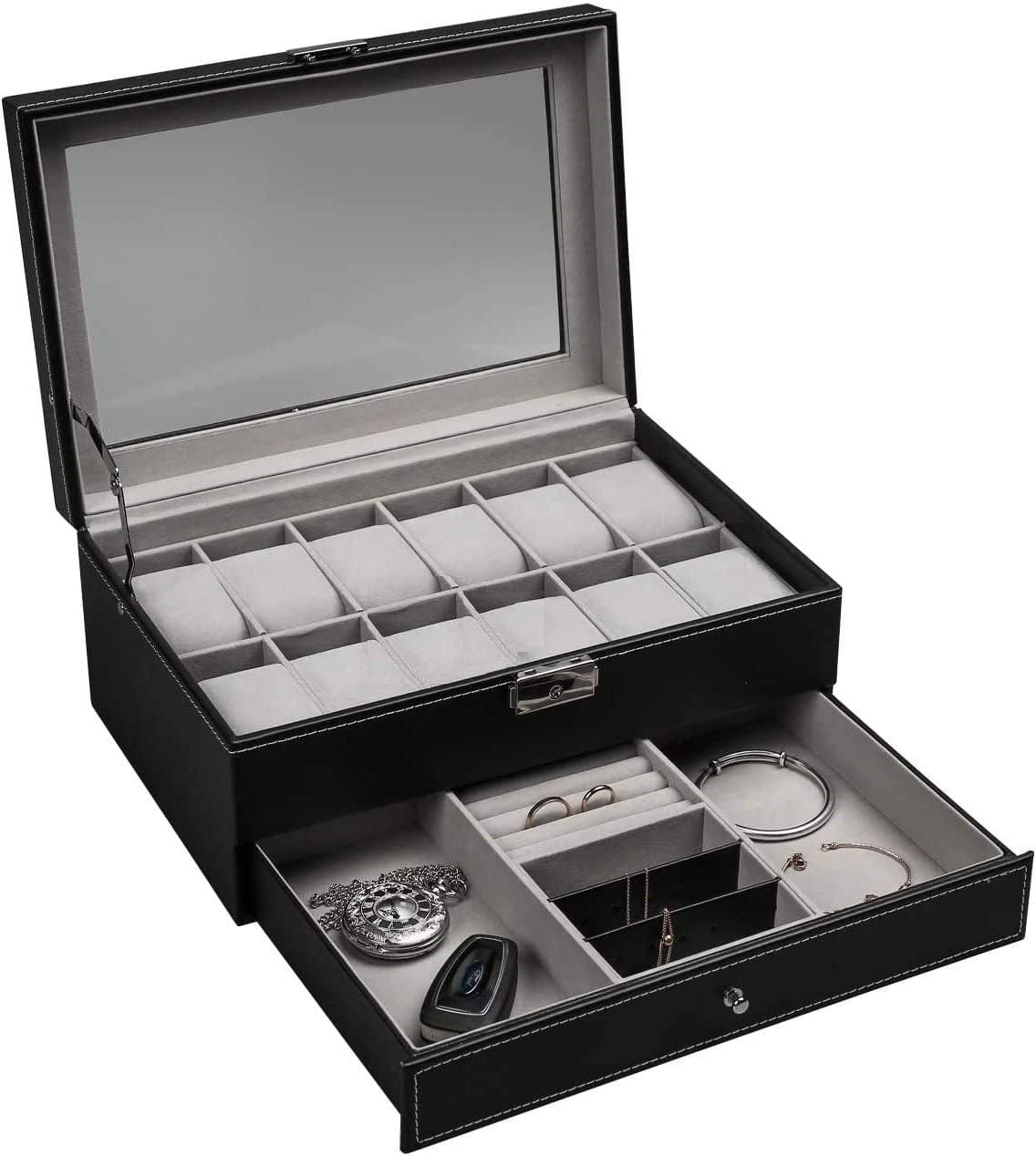 12-Slot PU Leather Lockable Watch & Jewelry Storage Box - Black | Secure Organizer for Travel, Home & Gift Giving