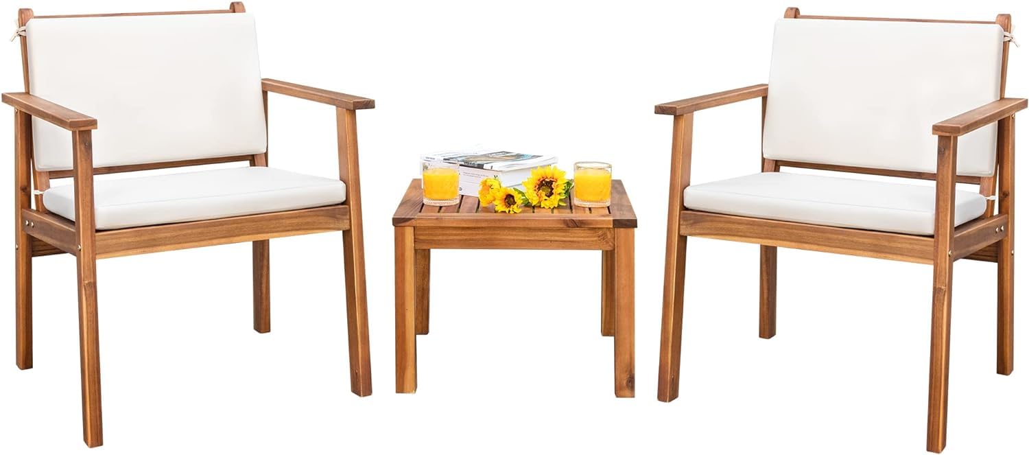 Devoko 3-Piece Acacia Wood Patio Furniture Set with Table & Cushions - Outdoor Conversation Seating for Porch, Balcony, Deck, Backyard - Beige - Perfect for Relaxing, Entertaining & Outdoor Dining