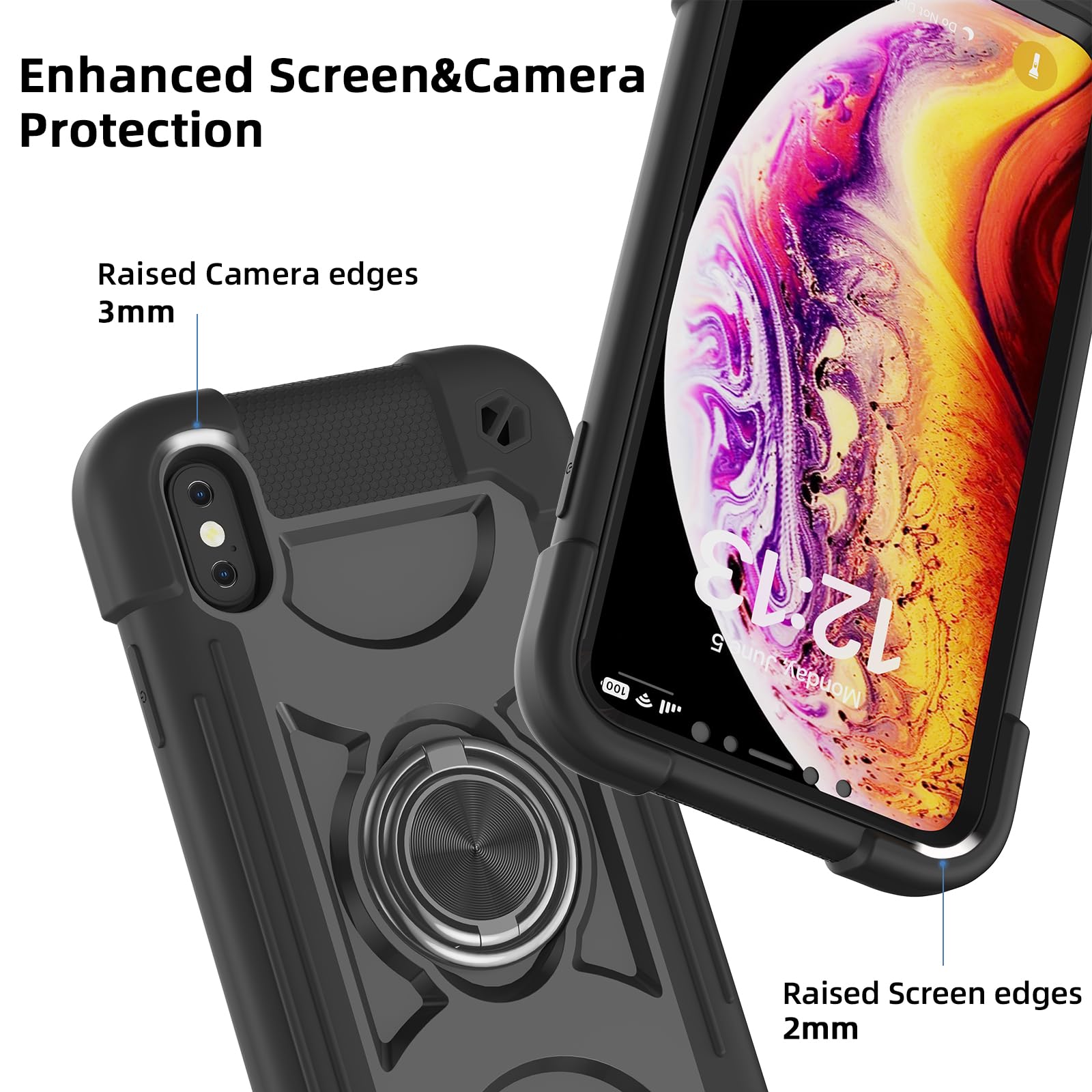 MARKILL iPhone Xs Max Case 6.5 Inch - Military Grade Shockproof Phone Cover with Ring Stand & Magnetic Car Mount | Perfect for Outdoor Activities, Travel & Daily Protection (Black)