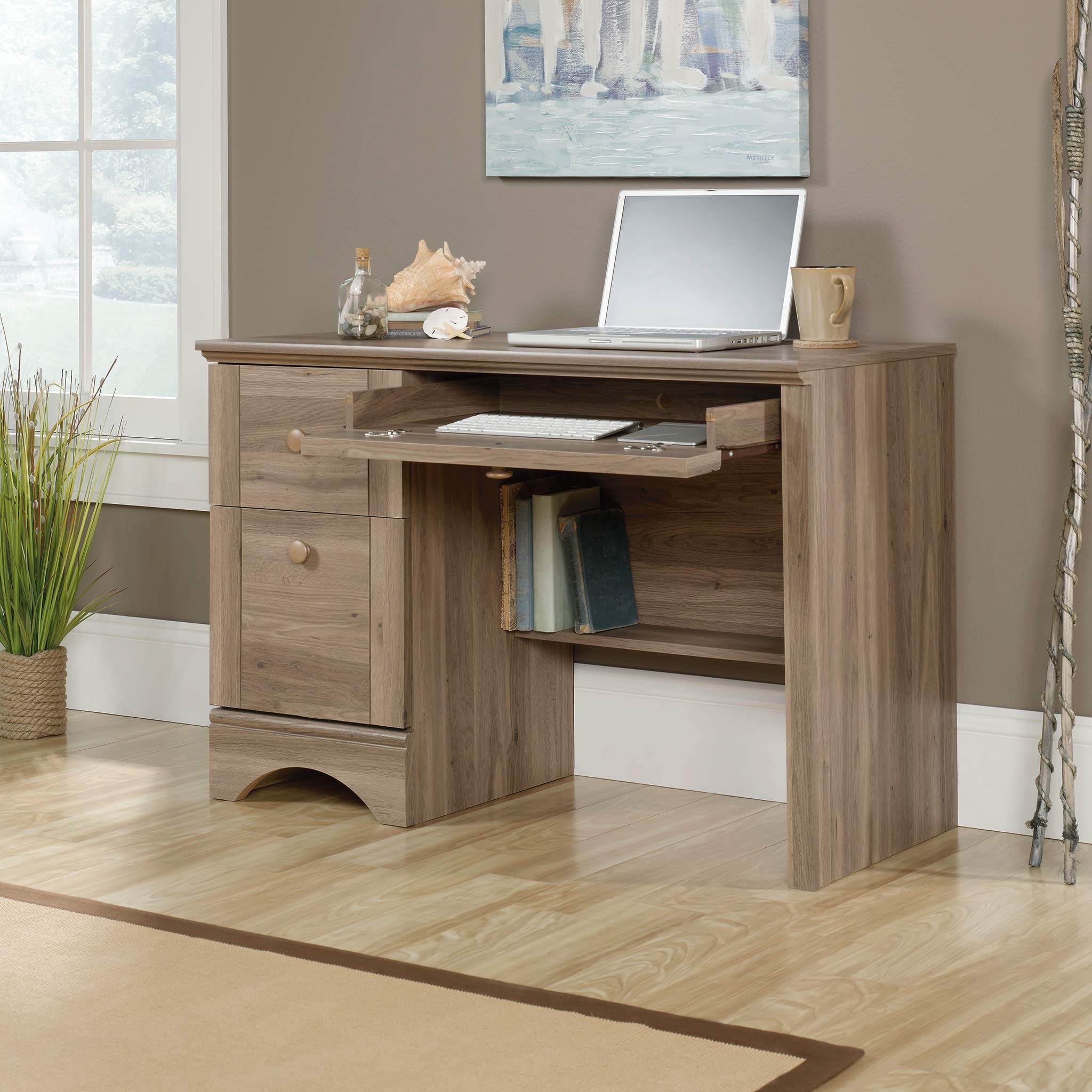 Sauder Harbor View Computer Desk - Salt Oak Finish - Home Office Desk for Work & Study - Compact Writing Desk with Storage Shelf