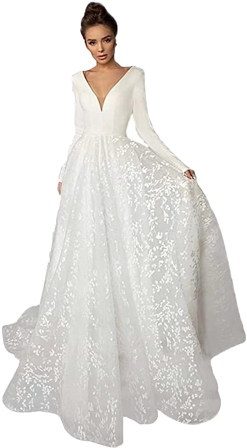 Elegant Long Sleeve Lace Wedding Dress for Bride 2024 - Modest Ball Gown with Applique Details - Perfect for Church, Beach, and Formal Wedding Ceremonies