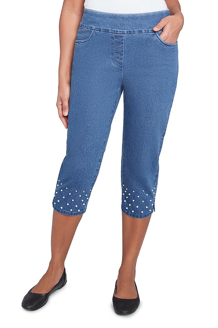 Flower Power Pearl Studded Denim Capri Pants for Women | Trendy Embellished Stretch Jeans | Perfect for Casual Outings & Summer Fashion