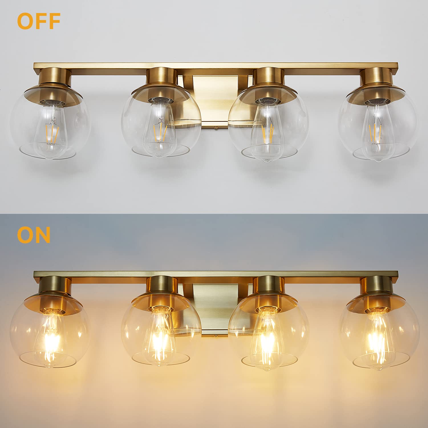 PAZALA Brushed Brass Bathroom Light Fixture - 4-Light Vanity Wall Sconce with Globe Glass Shade, E26 Base - Modern Over Mirror Lighting for Bathroom, Bedroom & Hallway - Dimmable Vanity Lights for Makeup, Shaving & Ambient Lighting
