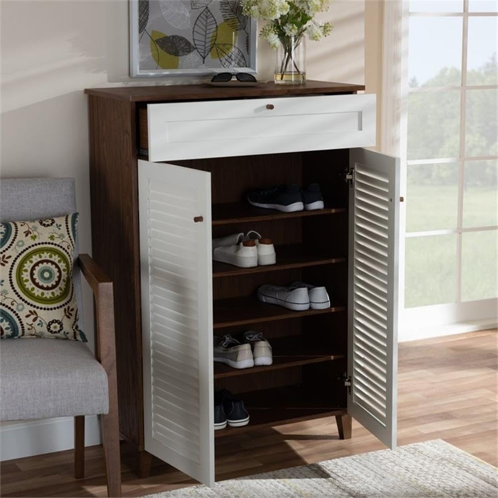 BOWERY HILL Modern 5-Shelf Shoe Storage Cabinet with Drawer - White & Walnut Wooden Shoe Organizer for Entryway, Closet, and Bedroom Organization