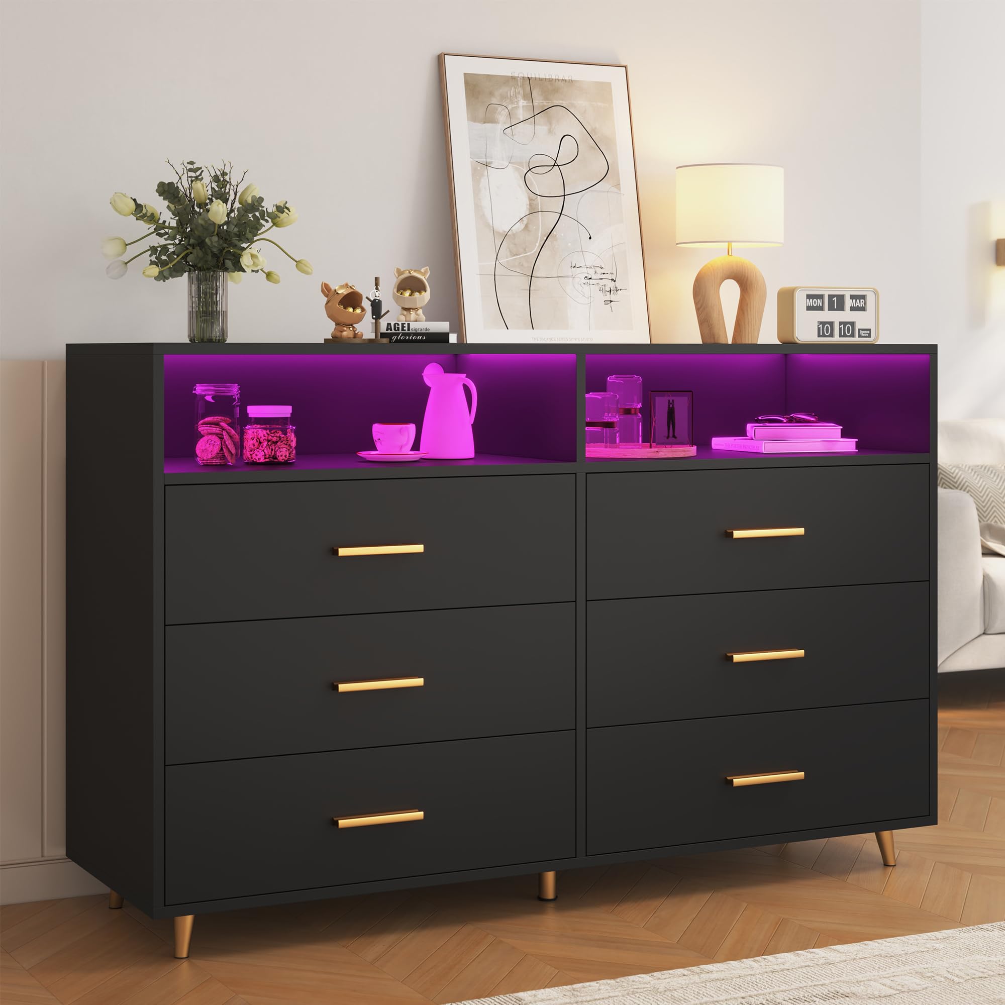 LED Wood Dresser for Bedroom - Wide Drawers, Metal Handles - Perfect for Clothes Storage & Entryway
