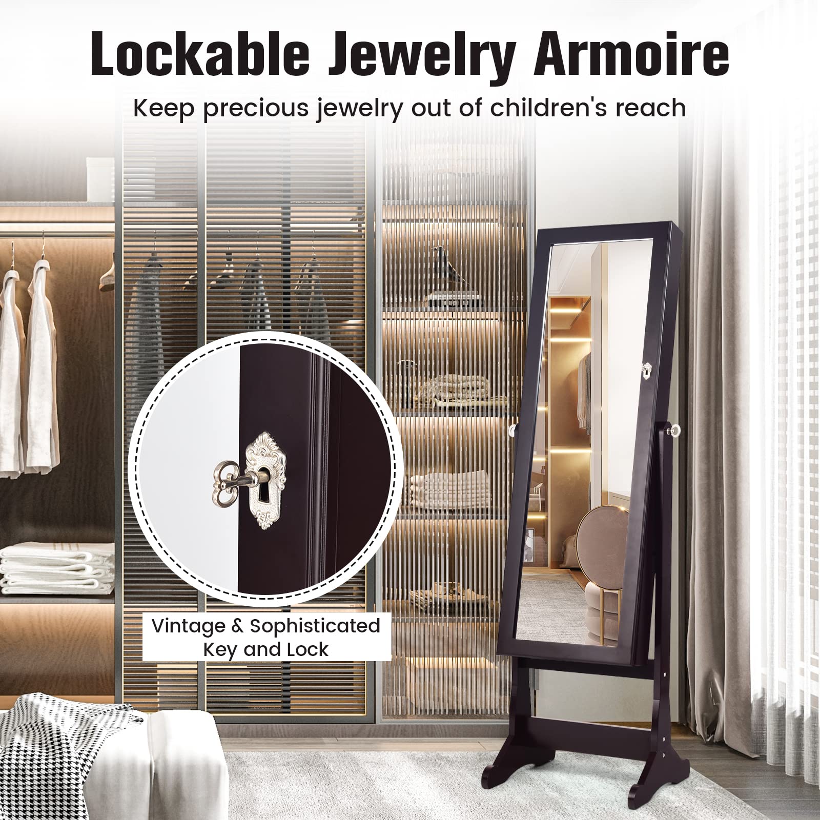 COSTWAY Full Length Standing Mirror Jewelry Cabinet with LED Lights - Large Lockable Jewelry Organizer Armoire for Women & Girls, 4 Adjustable Angles, Brown - Perfect for Bedroom, Dressing Room & Closet Organization