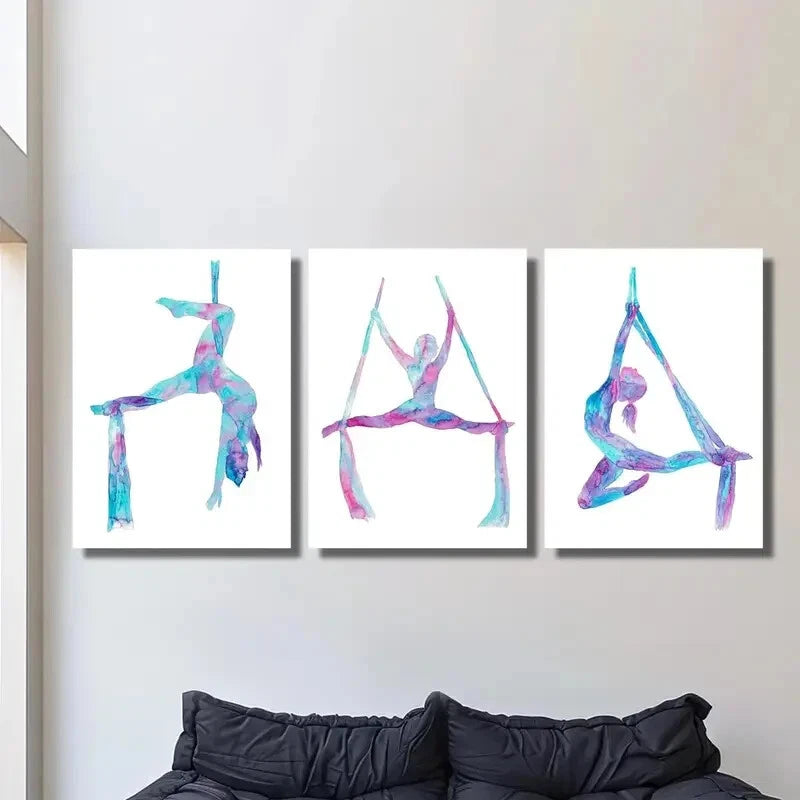 3-Piece Aerial Lady Silk Art Yoga Silhouette Metal Prints - Ready to Hang Wall Decor for Living Room, Bedroom & Yoga Studio