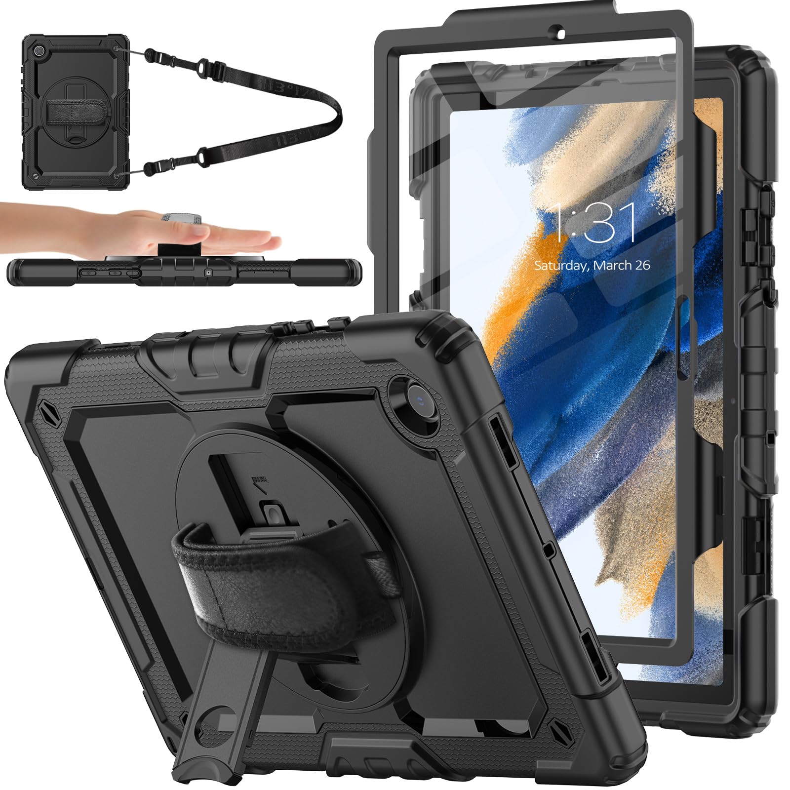 SIBEITU 360 Rotating Protective Case for Samsung Galaxy Tab A8 10.5 Inch 2022 (SM-X200/X205/X207) - Includes Screen Protector, Pencil Holder, Adjustable Stand & Hand Strap | Perfect for Work, School & Travel