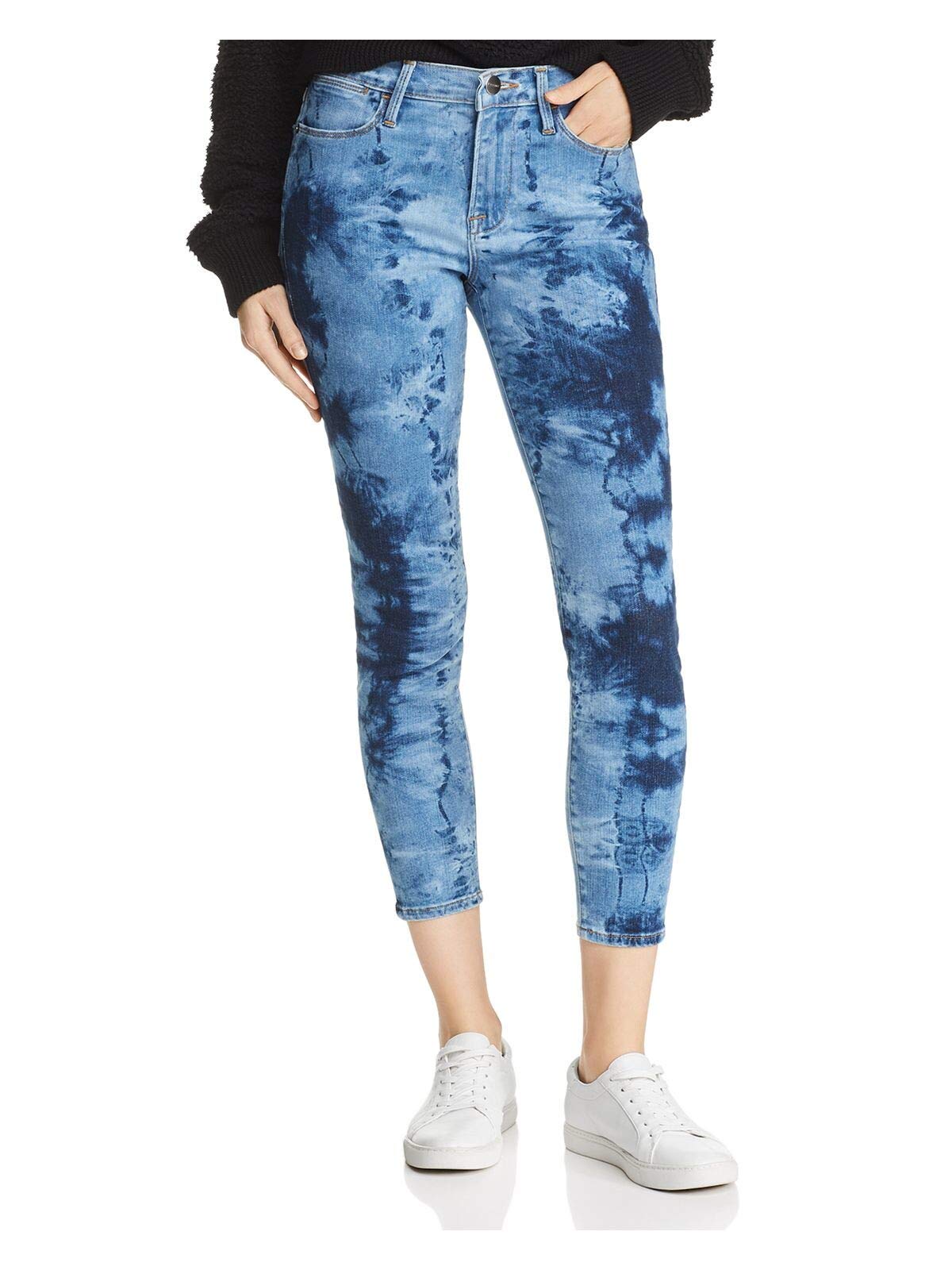 Women's Petite Tie-Dye Slimming Skinny Jeans - High Waisted Crop Denim Pants in Blue (Size 26) for Casual Wear & Street Style Fashion