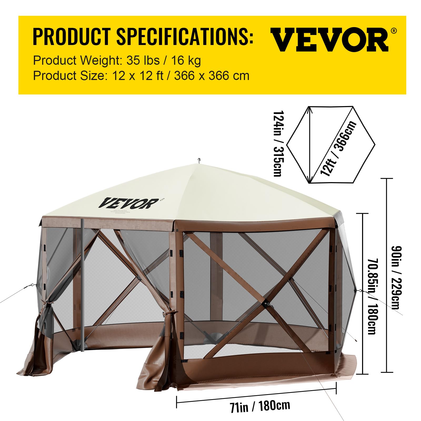VEVOR 12x12ft 6-Sided Pop Up Canopy Tent with Mesh Windows & Carry Bag - Portable Outdoor Shade Shelter for Camping, Beach, Backyard, Picnics, Parties (Brown/Beige) - Includes Stakes & Windproof Design