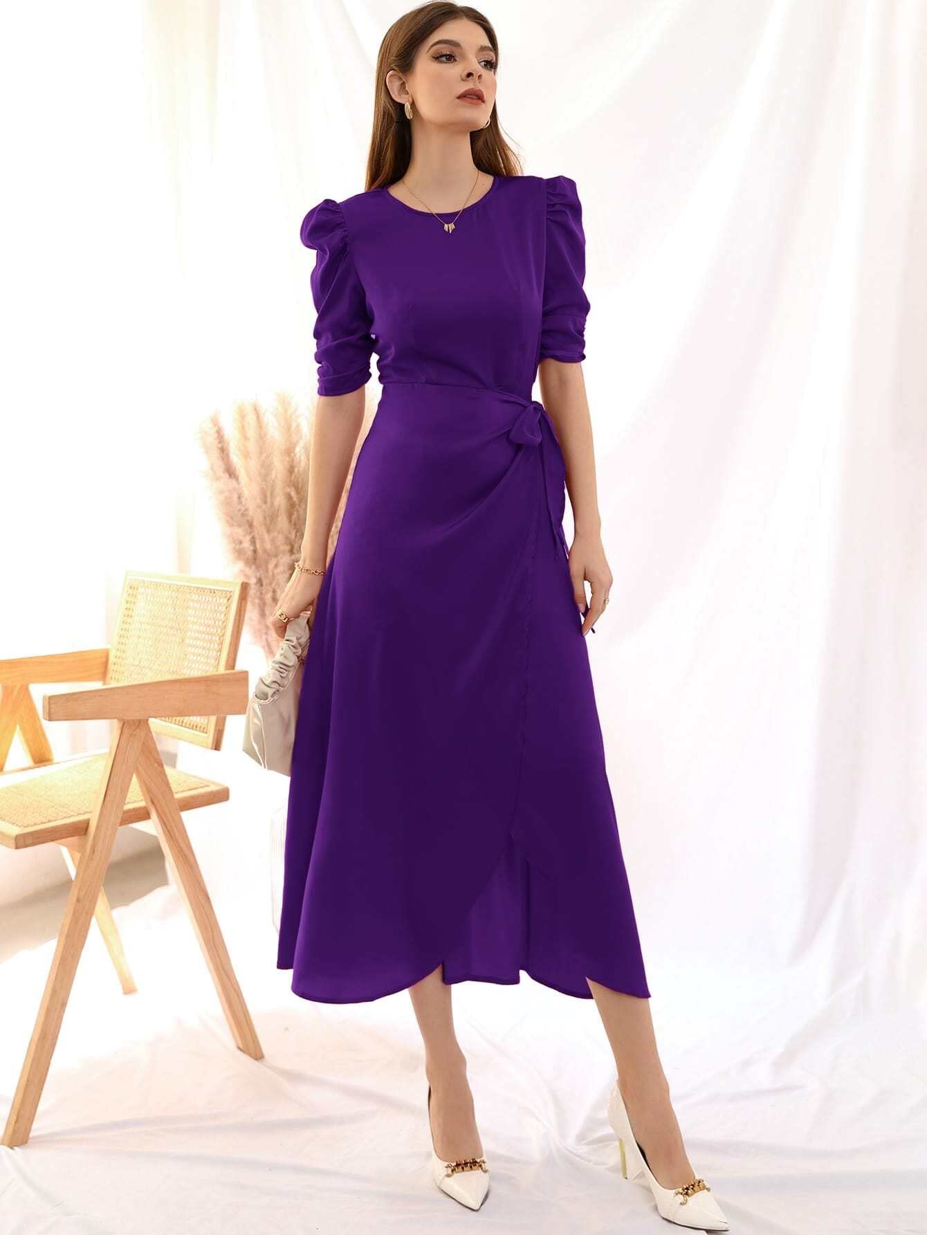 Women's Summer Casual Wrap Dress with Tie Side & Puff Sleeves - A-Line Beach Party Dress for Vacation, Date Night & Outdoor Events
