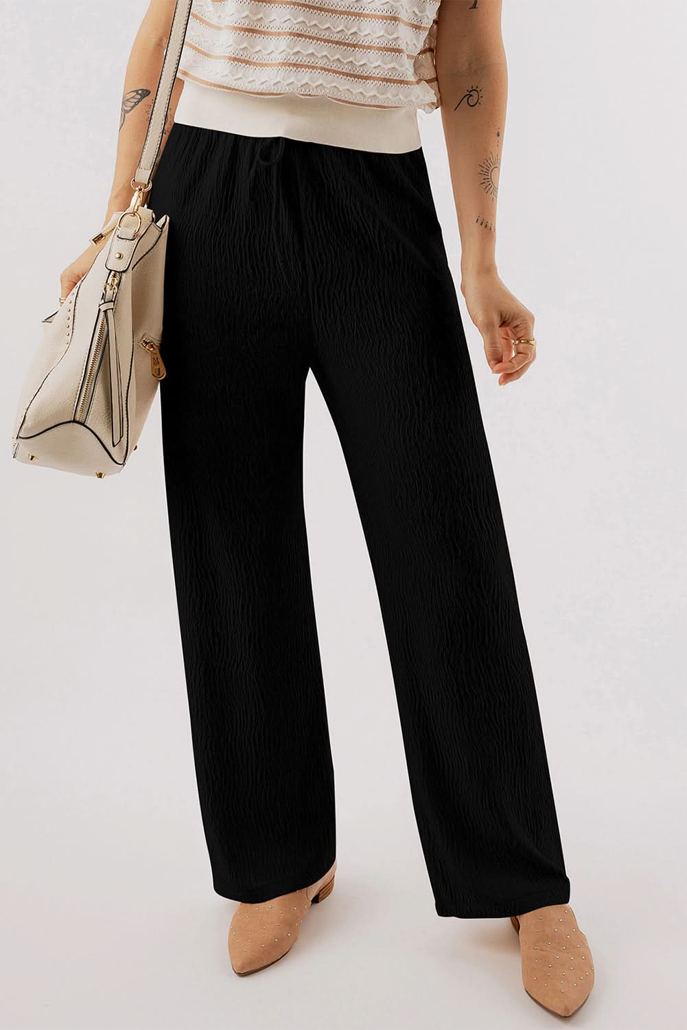 Stylish Black Textured Lounge Pants for Women - Soft Comfortable Elastic Waist Joggers for Yoga, Home, and Travel