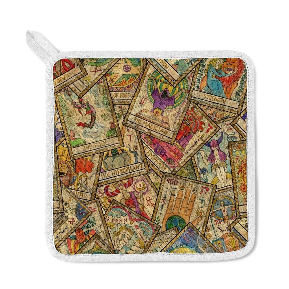 Vintage Tarot Cards Print Adjustable Kitchen Apron Set with Pockets, Oven Mitt & Pot Holder - 3 Piece Cooking & Baking Accessories for BBQ, Grilling & Home Kitchen Use