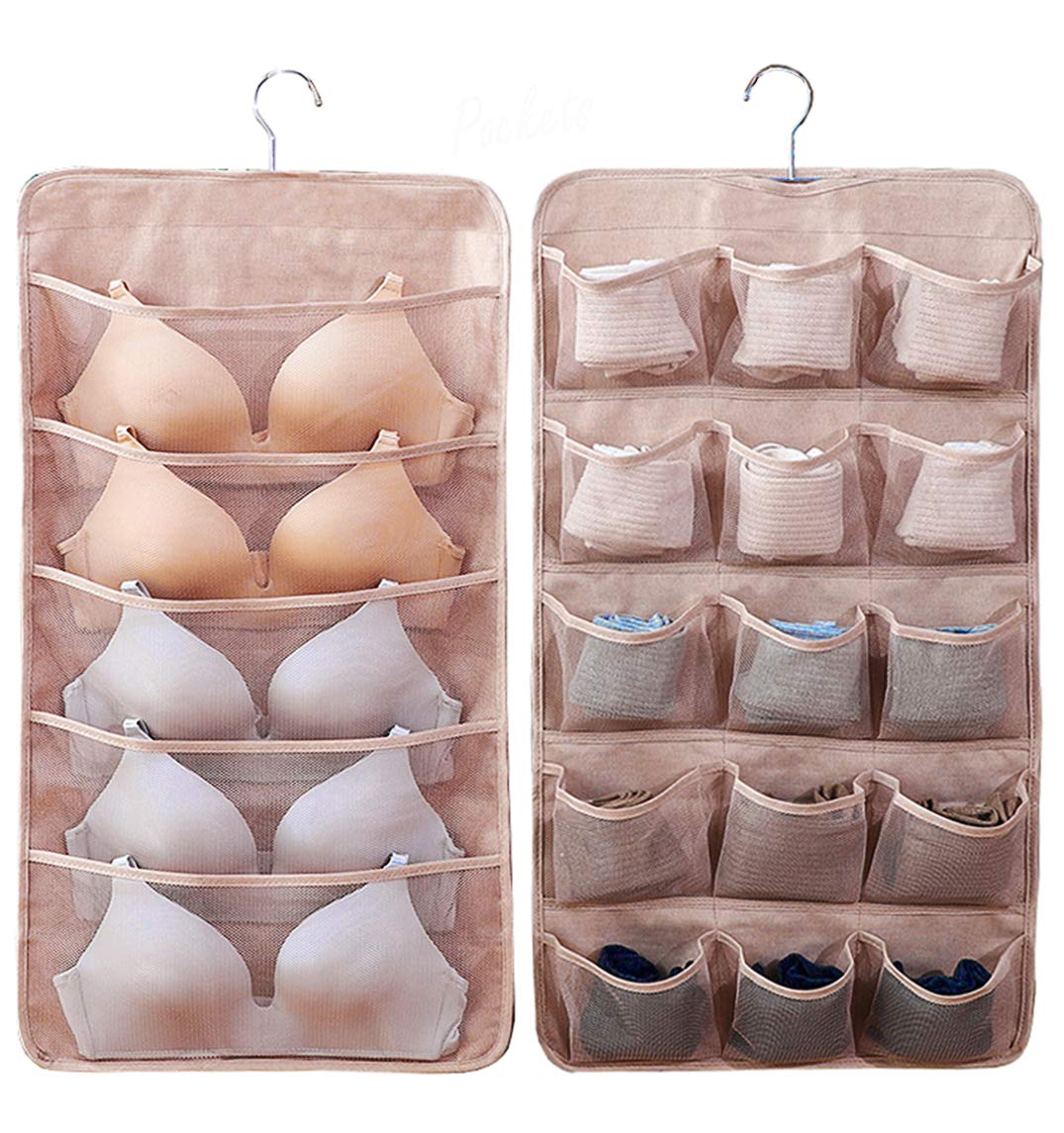 AARAINBOW Dual-Sided Hanging Closet Organizer with 20 Mesh Pockets - Perfect for Underwear, Lingerie, Socks & Accessories - Space-Saving Storage Solution for Bedroom, Closet & Dorm Organization (Khaki)