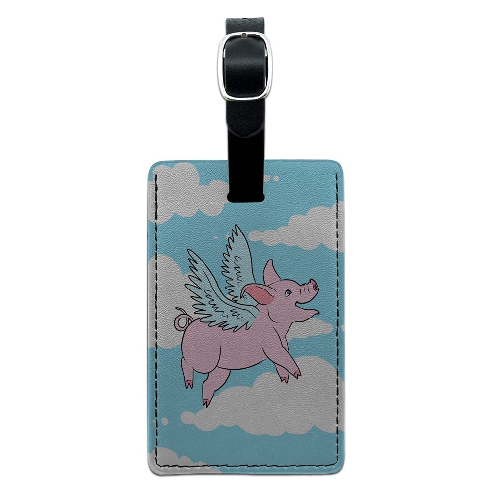 Premium Rectangle Leather Luggage Tag - Flying Pig in the Clouds Design - Durable Carry-On ID Tag for Suitcases & Travel Bags - Perfect for Airports, Business Trips & Vacation Travel