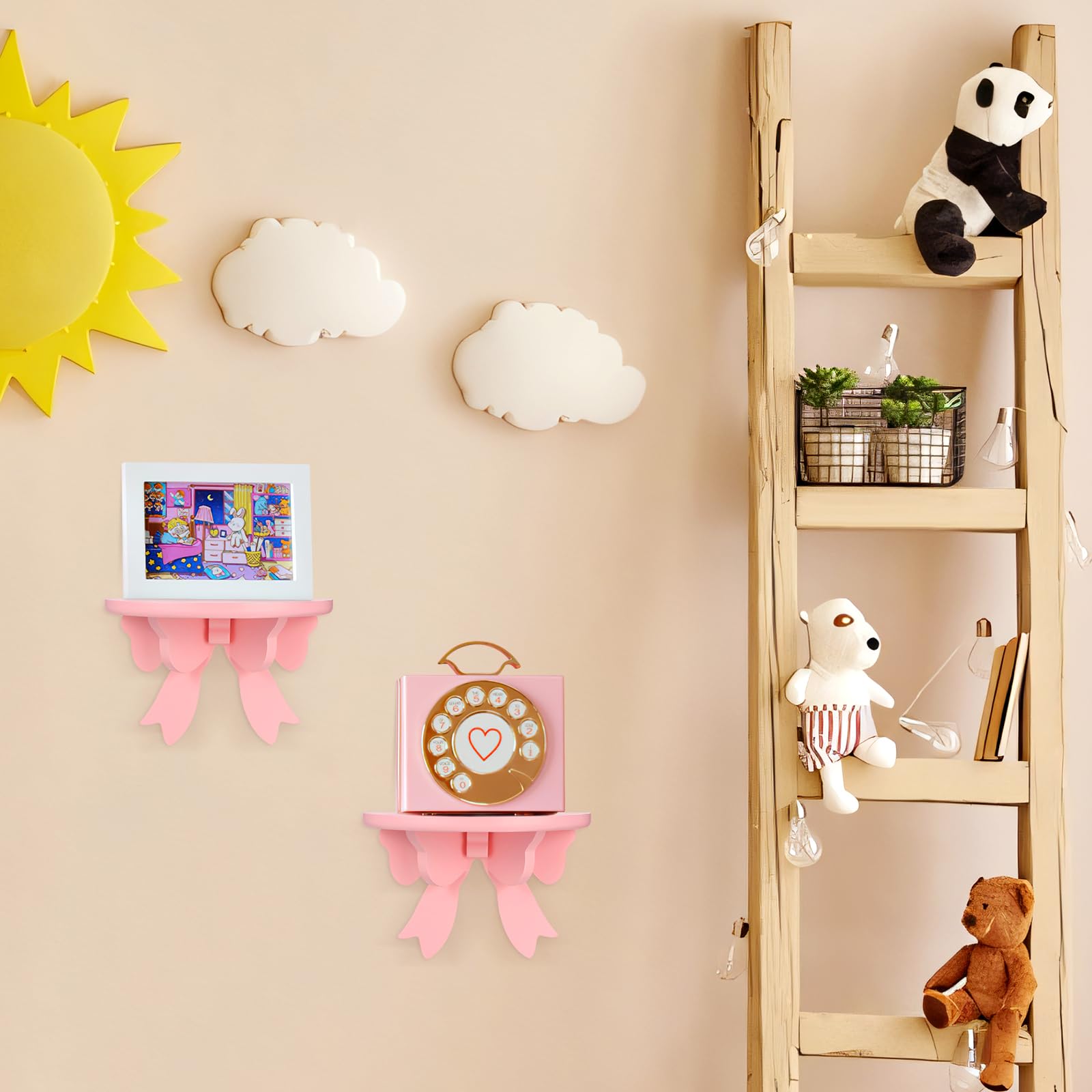 DOITOOL Wooden Bow Floating Shelf - Cute Bow Shaped Wall Shelf for Home Decor, Bedroom, Living Room | Wall Mounted Display Shelf for Plants, Books & Decorative Items | Rustic Wood Wall Storage Solution