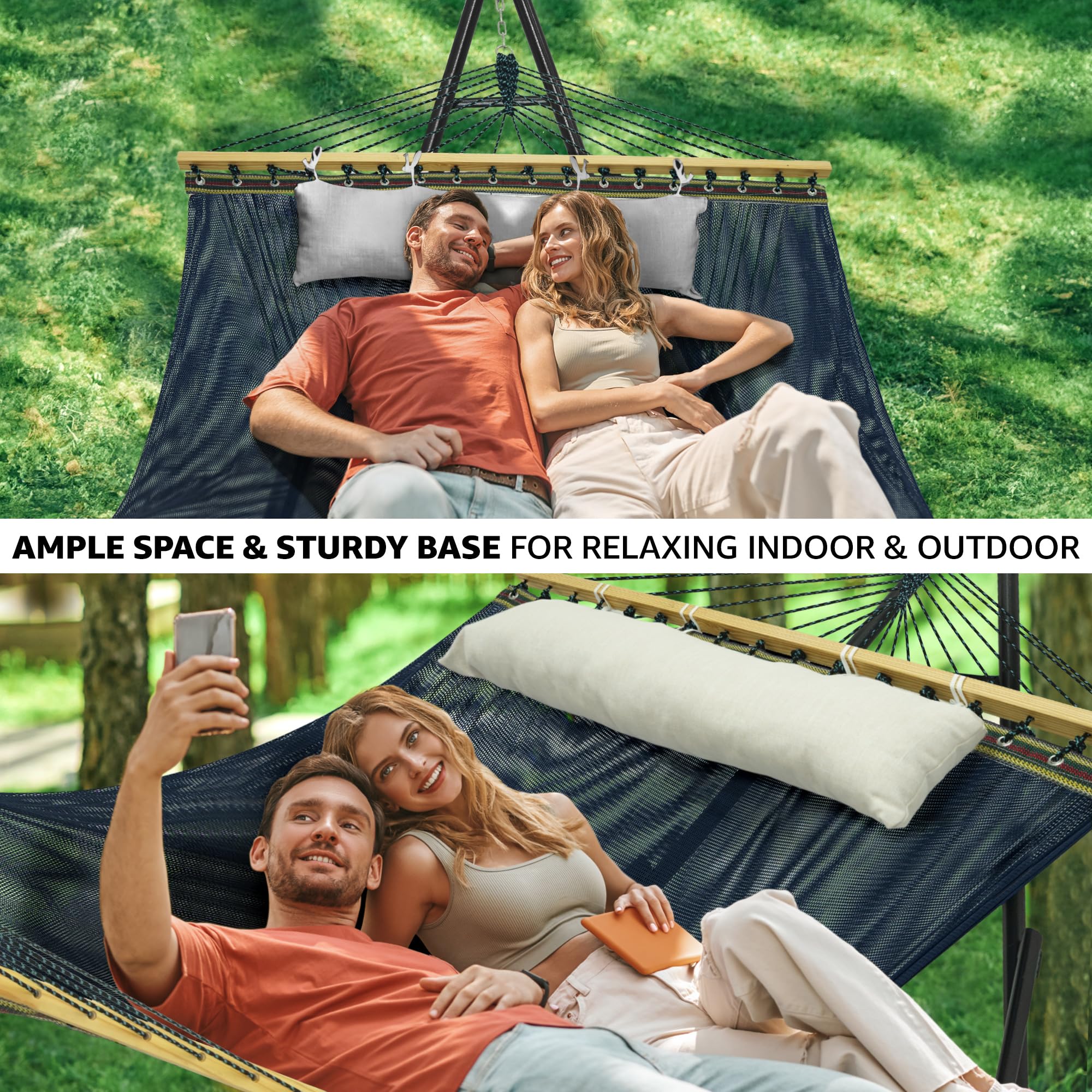 Tranquillo Unity Adjustable Hammock Stand - 800 lbs Capacity Steel Double Hammock Stand for 2 Persons - Premium Pre-Assembled Indoor/Outdoor Hammock Stand in Aegean Blue - Perfect for Backyard Relaxation, Beach Lounging & Camping Comfort