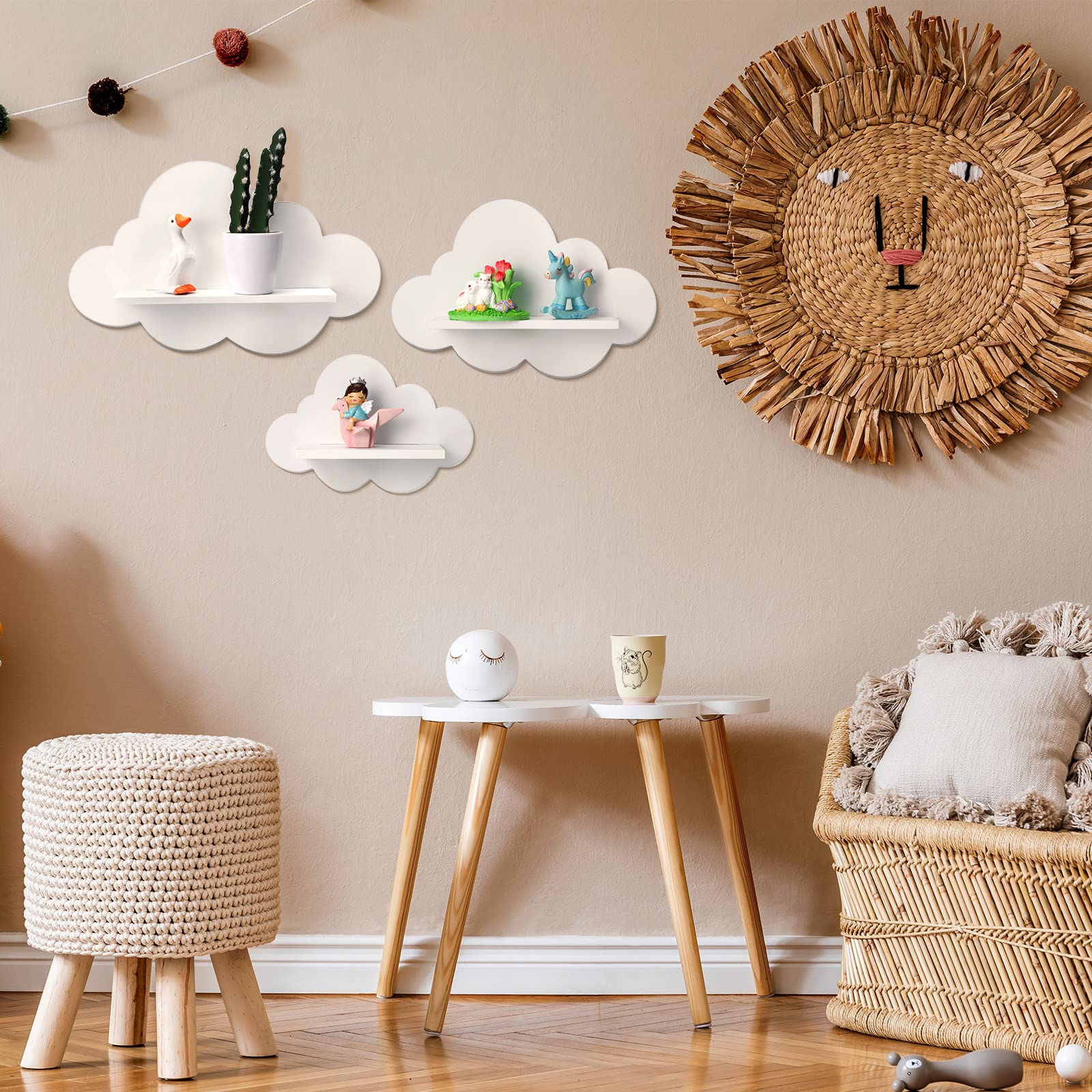 Tatuo 3-Piece Wavy Floating Shelves Set - White Cloud Wall Shelves for Plants, Books & Decor | Kawaii Daisy Flower & Danish Style Room Decor | Perfect for Bedroom, Nursery & Boho Home Decor
