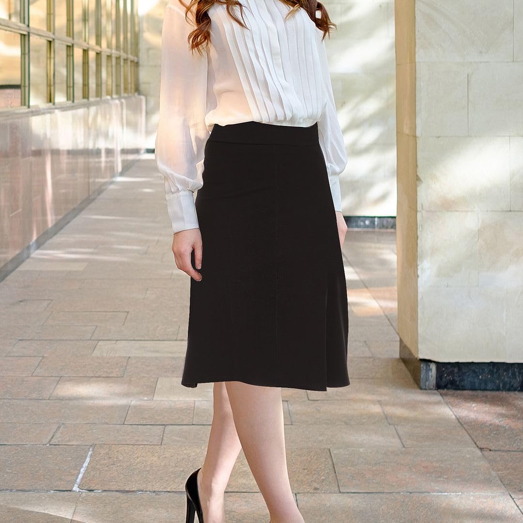Women's Soft Cotton A-Line Knee-Length Skirt with Middle Seam & Elastic Waist - Comfortable Office Wear, Casual Outfit for Work, Business, and Daily Use