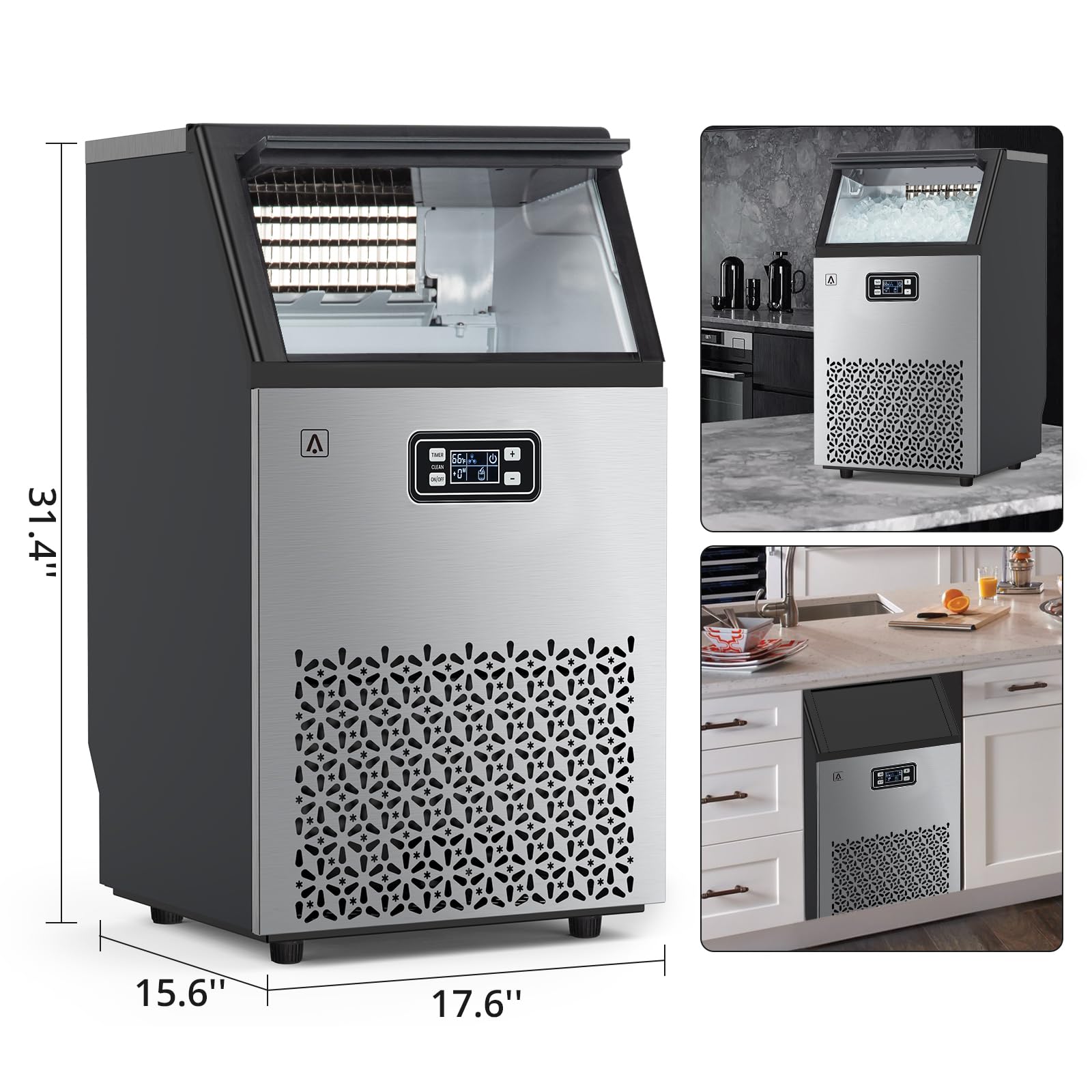 Commercial Ice Maker Machine 150lbs/24H, Stainless Steel Undercounter Ice Machine with 33lbs Storage - Self-Cleaning Freestanding Ice Maker for Bars, Restaurants, Home & Office Use - Perfect for Cocktails, Beverages & Food Service