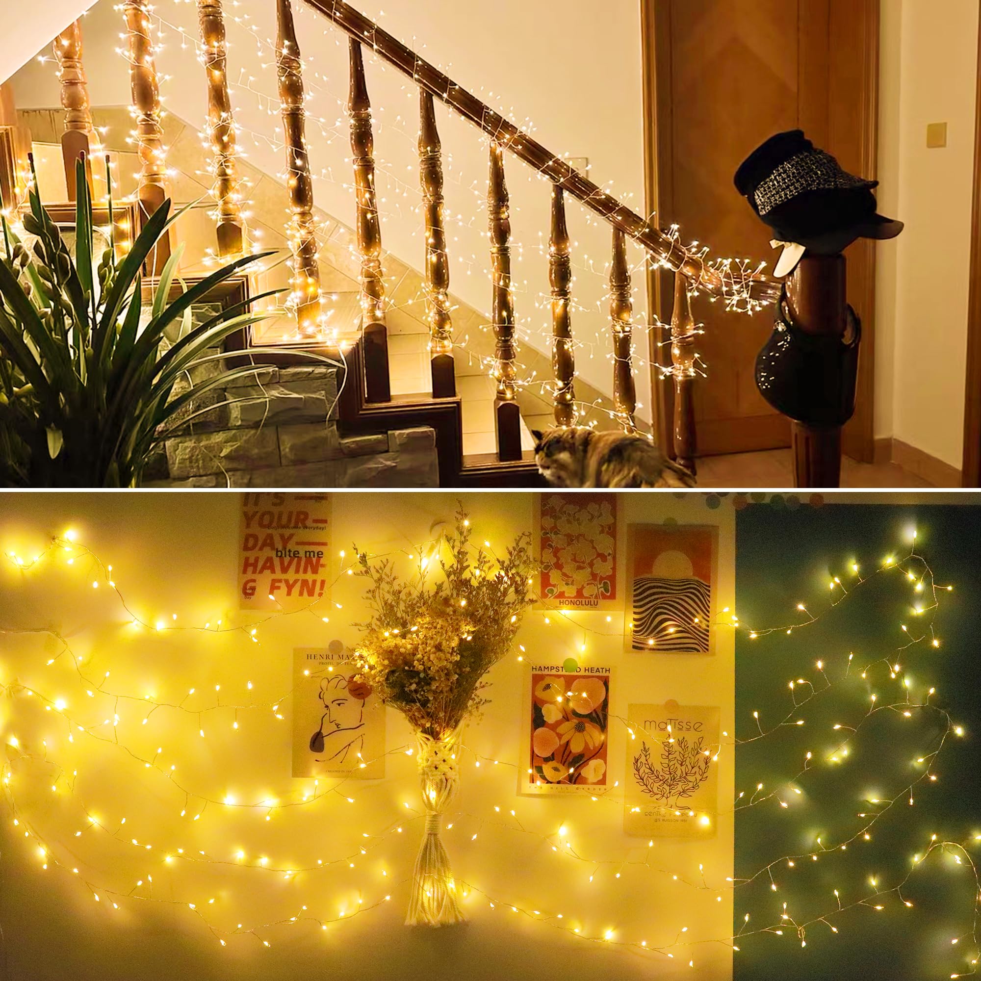 200 LED Fairy String Lights - 20FT Battery Operated Waterproof Copper Wire Lights with 8 Modes for Indoor/Outdoor Use - Perfect for Christmas, Weddings, Parties, Garden, Patio & Tree Decorations (Warm White)