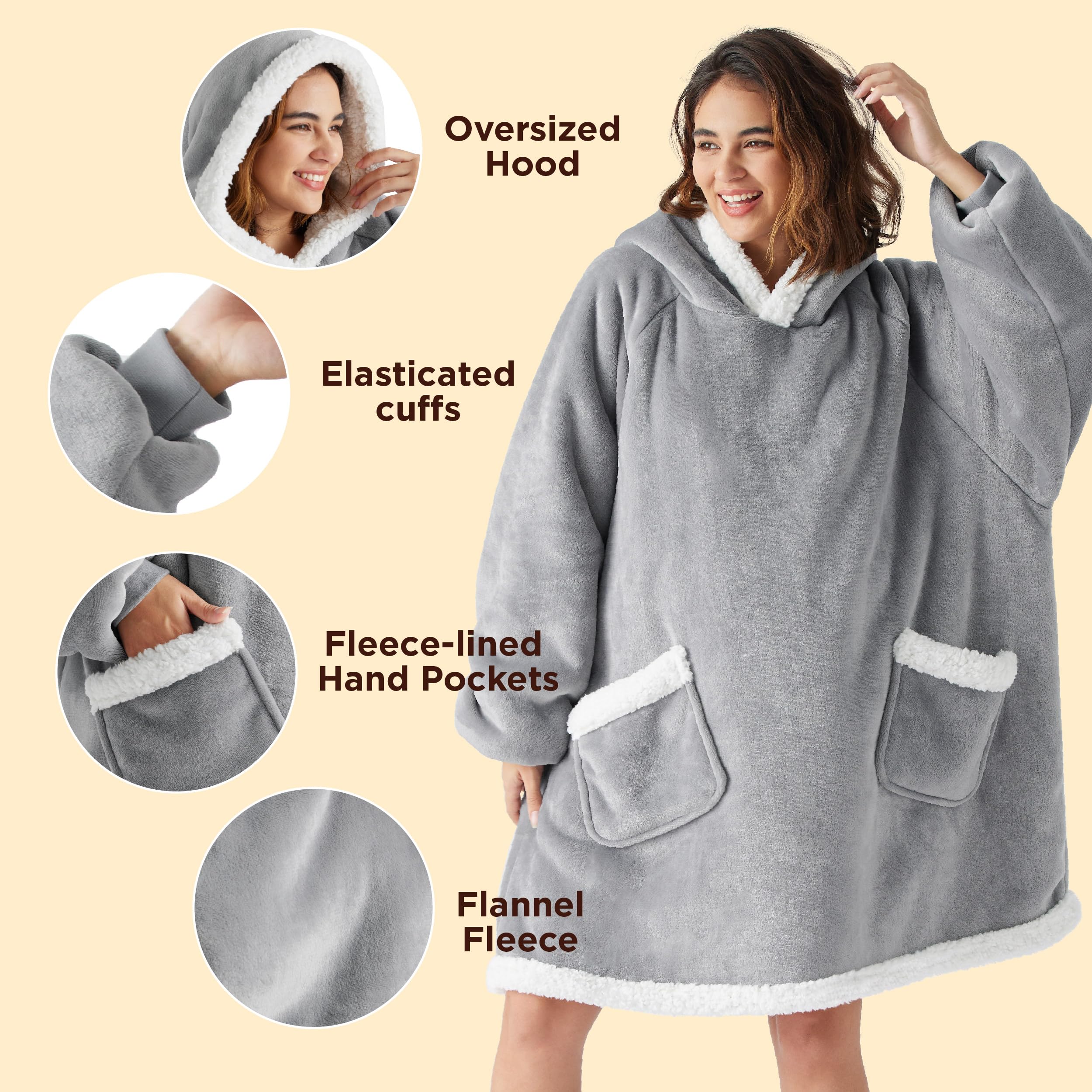 Bedsure Wearable Blanket Hoodie for Adults & Kids - Soft Fleece Sherpa Blanket with Sleeves, Grey Small - Perfect Birthday Gift for Women, Men, Mom on Mother's Day - Cozy for Movie Nights, Camping & Lounge Wear
