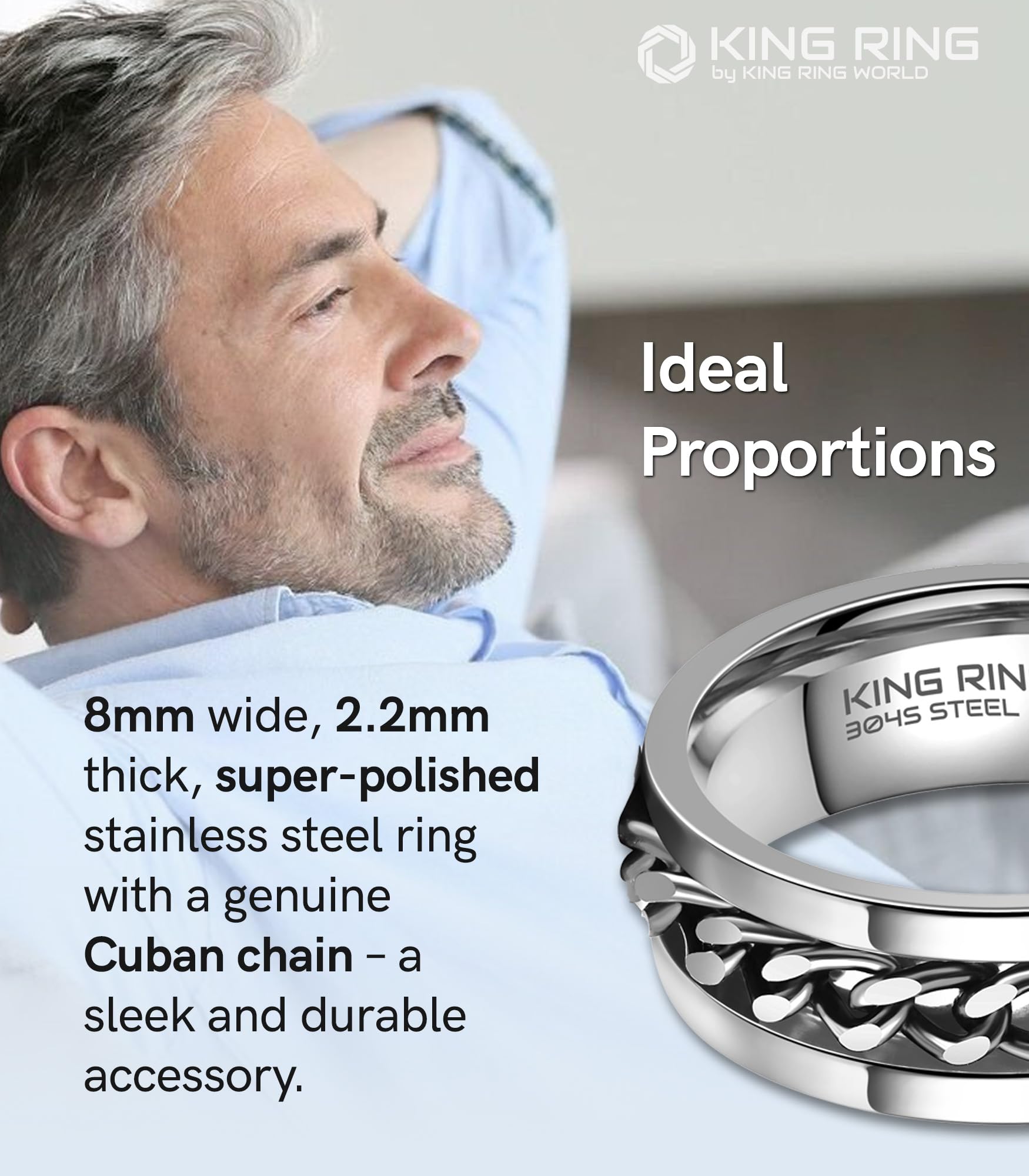 8mm Spinner Ring for Men & Women - Polished Stainless Steel Fidget Ring with Cuban Chain - Stress Relief & Anxiety Aid - Perfect for Office, Travel & Daily Wear - Designed in USA