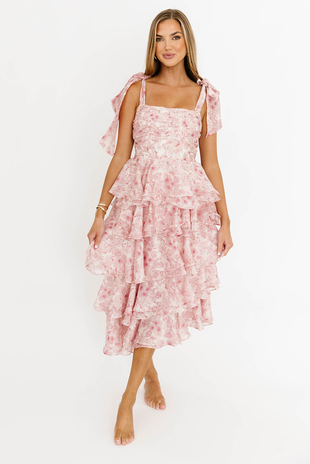 Elegant Soho Floral Tiered Midi Dress with Pleats & Ruffles - Pink Summer Dress for Women | Perfect for Garden Parties, Weddings & Date Nights