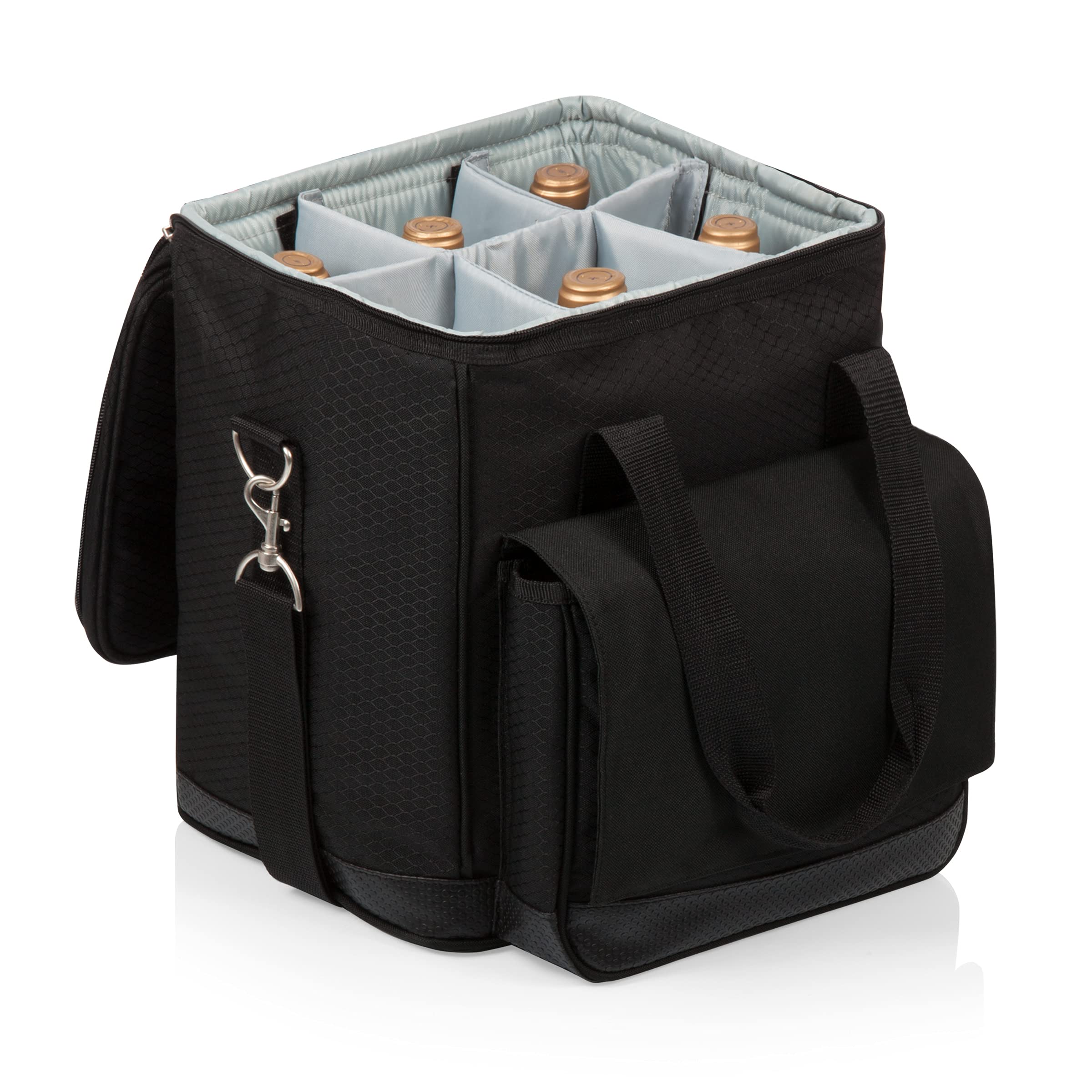 PICNIC TIME Cellar 6-Bottle Insulated Wine Carrier & Cooler Tote - Portable Water-Resistant Travel Cooler Bag for Picnics, Beach, Camping & Outdoor Events (Black with Gray Accents)