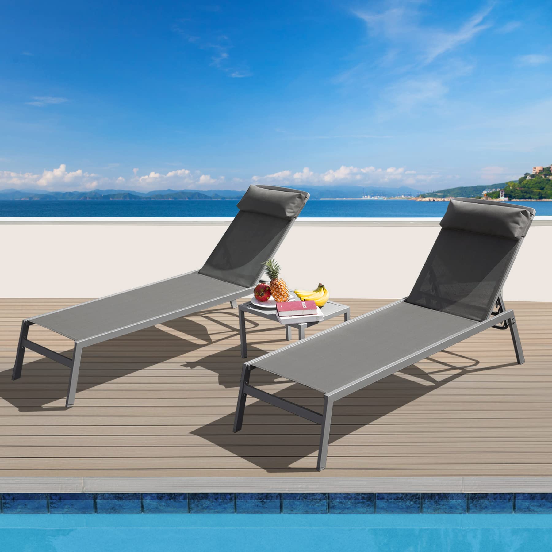 **DOMI Patio Chaise Lounge Set – Adjustable Aluminum Pool Lounge Chairs with Textilene Fabric, Headrest & Side Table – 5-Position Reclining for Sunbathing, Outdoor Relaxation by Pool, Beach, or Garden (Grey)**