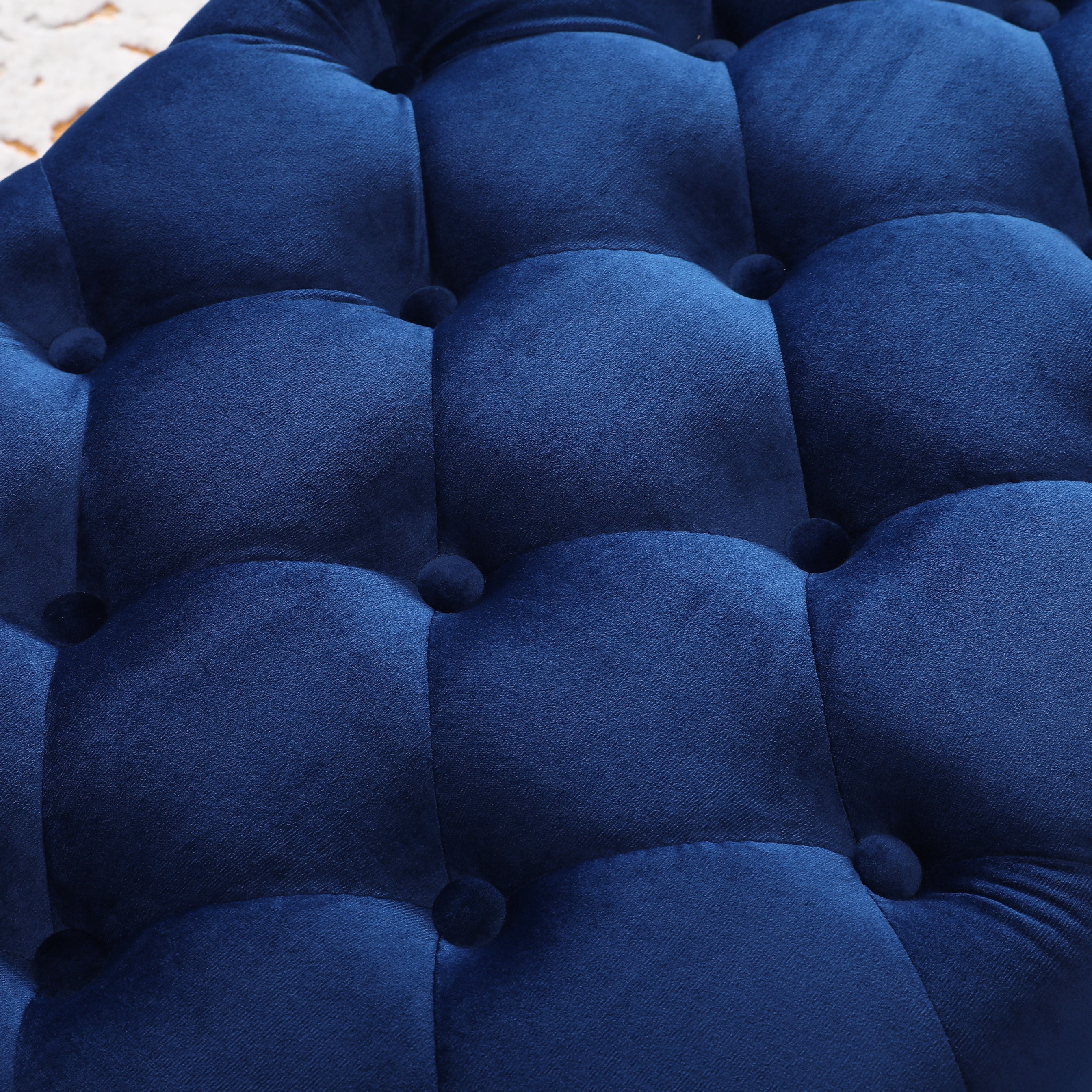 Roundhill Furniture Sira Velvet Button Tufted Bench with Gold Metal Legs - Luxurious Blue Upholstered Seat for Bedroom, Living Room & Entryway Decor