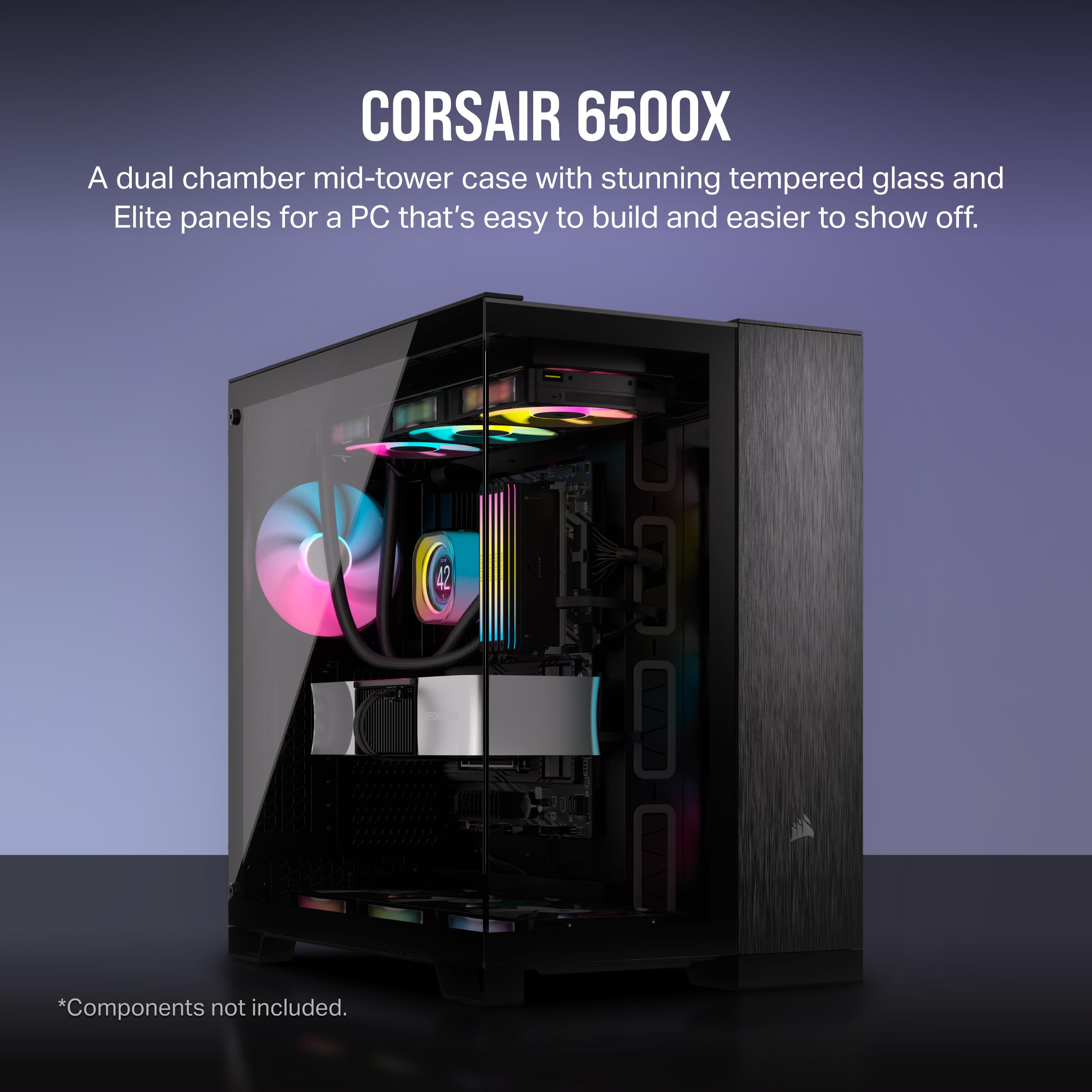 CORSAIR 6500X Mid-Tower ATX PC Case - Dual Chamber Design, Panoramic Tempered Glass, Reverse Motherboard Compatibility - Black/Obsidian Aluminum (No Fans Included) - Perfect for Gaming Rigs & High-Performance Builds