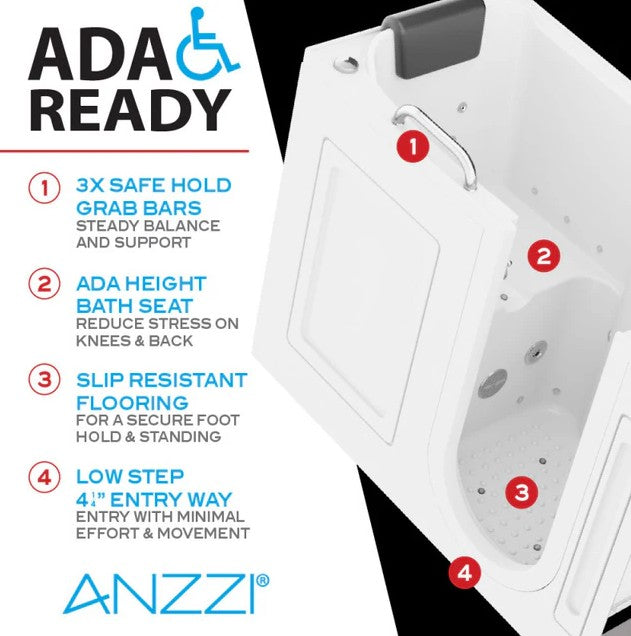 Anzzi 2753FLWL 27 x 53 Inch Left Drain Walk-In Bathtub with Whirlpool Air Jets & Waterfall Quick Fill - Ideal for Elderly & Mobility Limited Users, Spa-Like Relaxation at Home