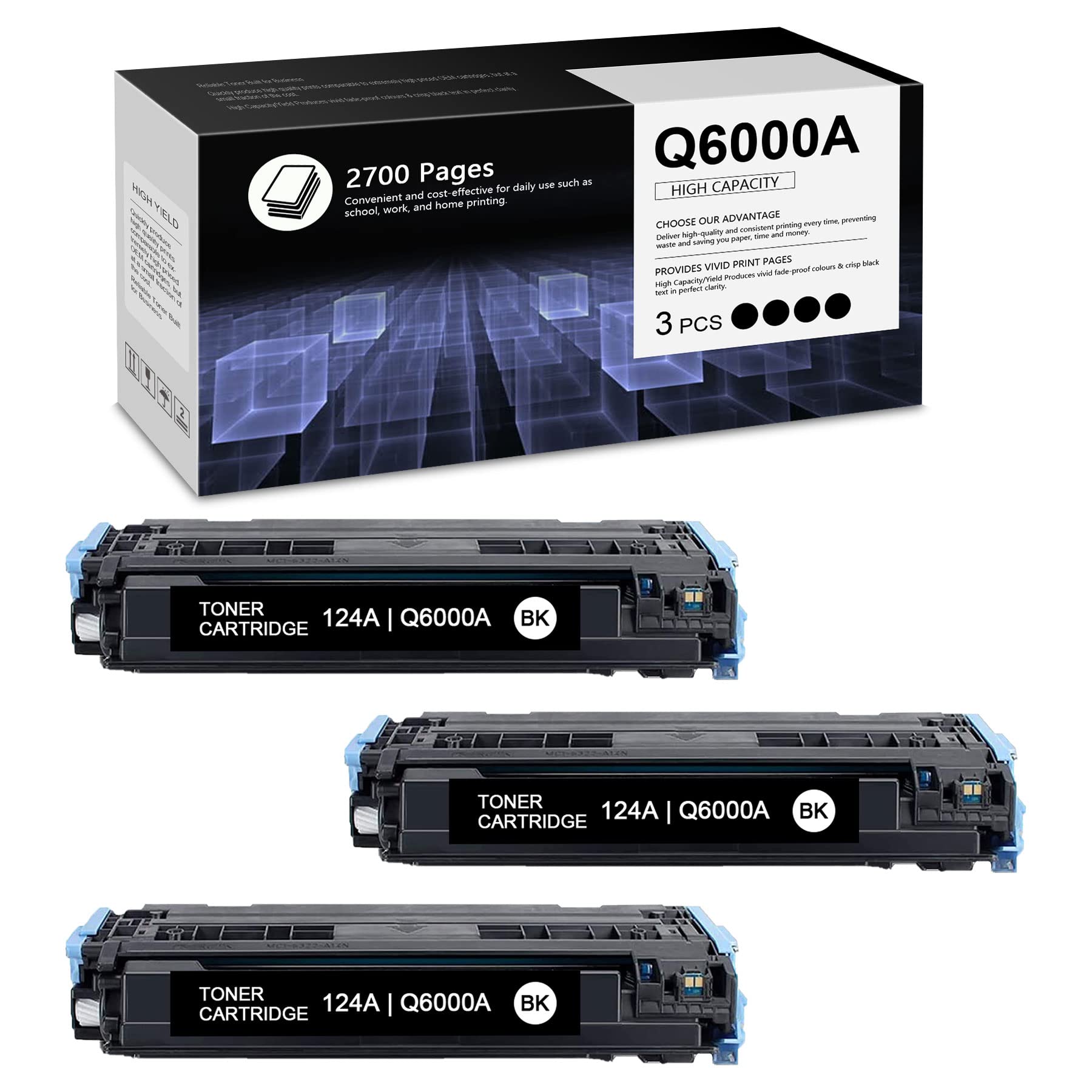 Beituoink 3-Pack Black 124A Q6000A Remanufactured Toner Cartridge - Compatible with HP 2605dtn/1600/2600dn/2605dn/2605n Printers - High Yield Replacement for Office & Home Printing Needs