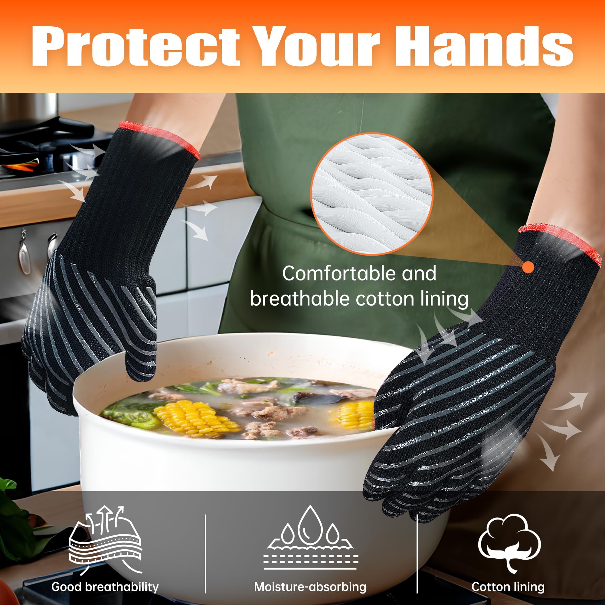 Heat Resistant BBQ Gloves for Grilling & Cooking - 1472℉ Oven Mitts with Silicone Grip & Aramid Cotton Lining - Long Cuff Protective Gloves for Chefs, Baking, Outdoor BBQ & Kitchen Use - Perfect for Camping, Backyard Parties & Professional Kitchens (Black, Large)