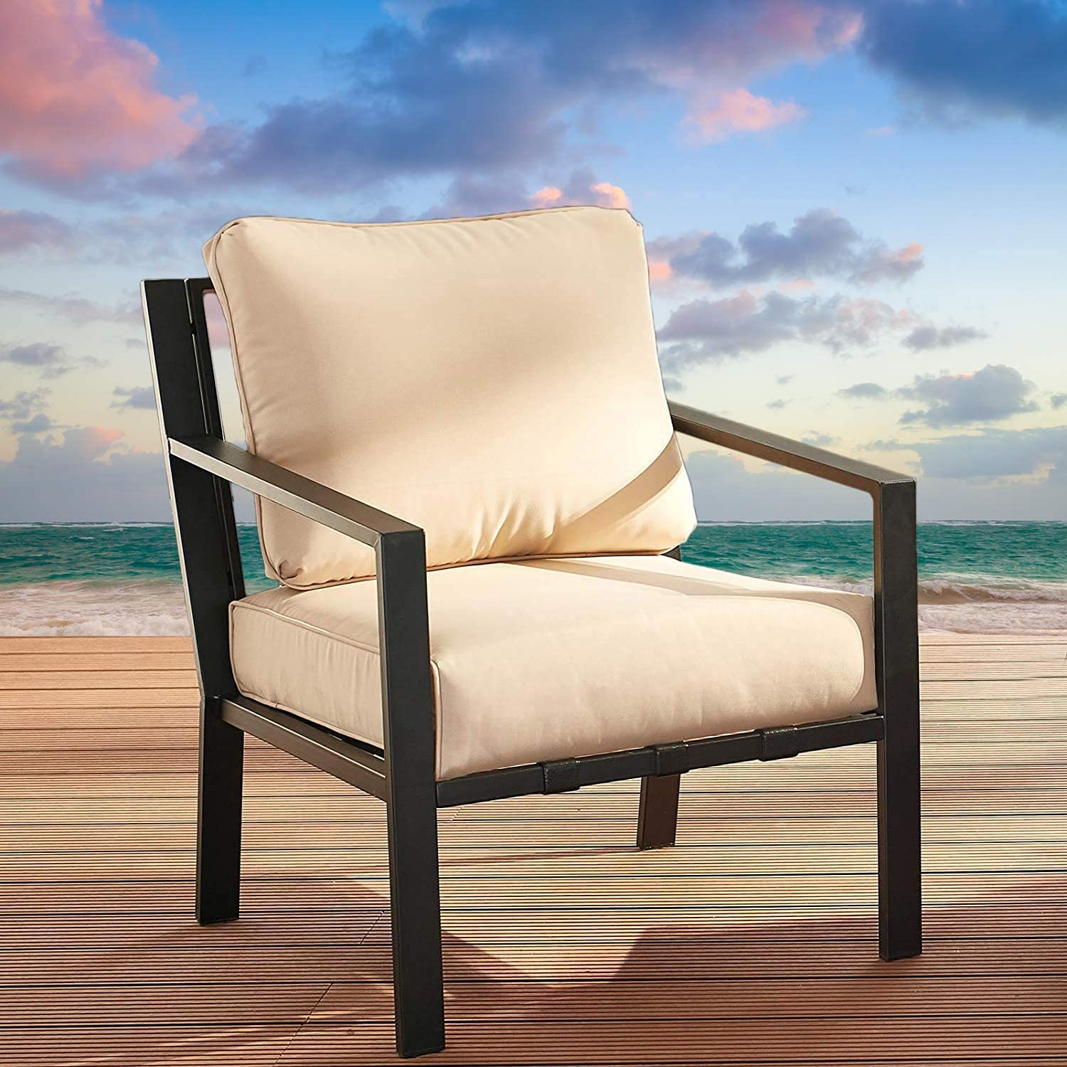 LOKATSE HOME Outdoor Metal Dining Set with Beige Cushions - Steel Frame Patio Furniture for Porch, Deck, Poolside & Backyard | Perfect for Outdoor Entertaining, Relaxing & Dining Al Fresco