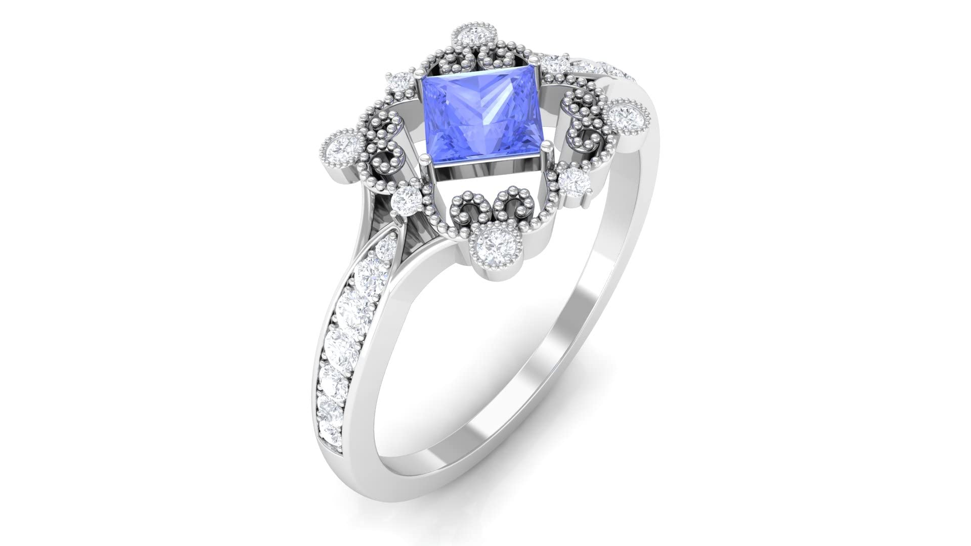 3/4 CT Tanzanite and Diamond Ring - 14K Solid Gold Vintage Tanzanite Ring with 4MM Princess Cut for Women | Elegant Beaded Design, Perfect for Weddings, Anniversaries & Special Occasions