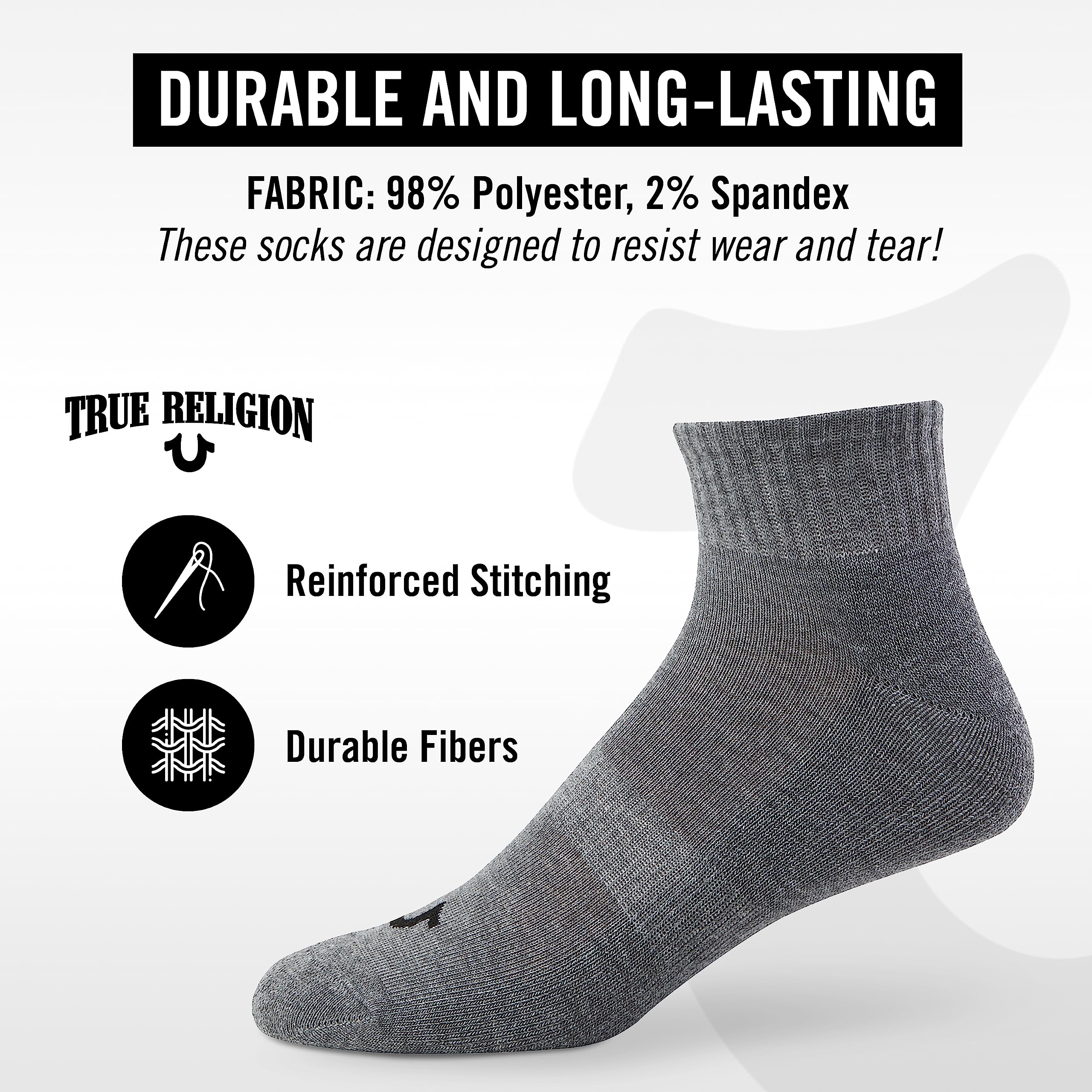 True Religion Men's Ankle Socks 6-Pack & 12-Pack - Premium Athletic Quarter Socks for Shoe Size 8-12 - Gym, Running, Basketball & Casual Wear