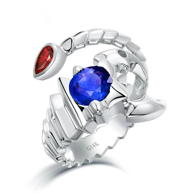 14K White Gold Scorpion Ring with Blue Sapphire & Red Ruby - Elegant Jewelry for Women, Unique Gift for Birthdays & Anniversaries